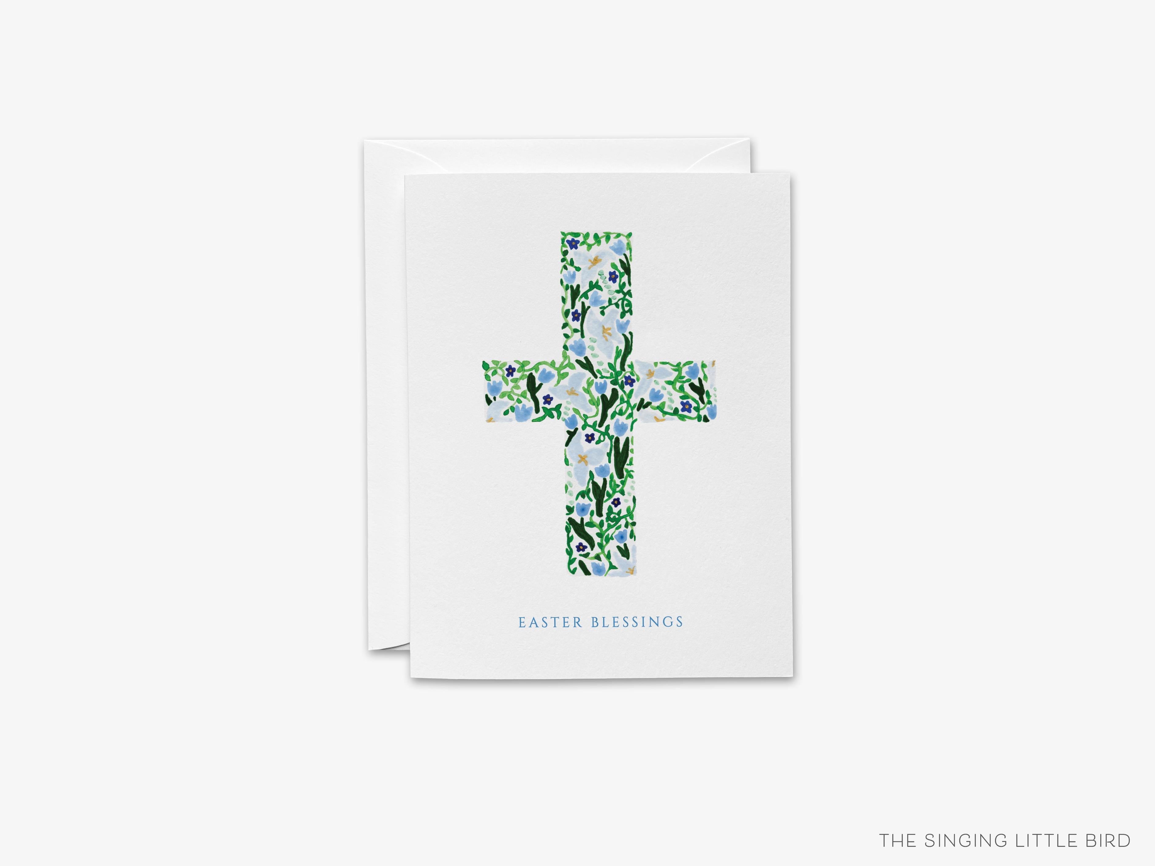 Easter Blessings Greeting Card-These folded spring cards are 4.25x5.5 and feature our hand-painted watercolor Easter Cross, printed in the USA on 100lb textured stock. They come with a White envelope and make a lovely floral card to celebrate Easter.-The Singing Little Bird