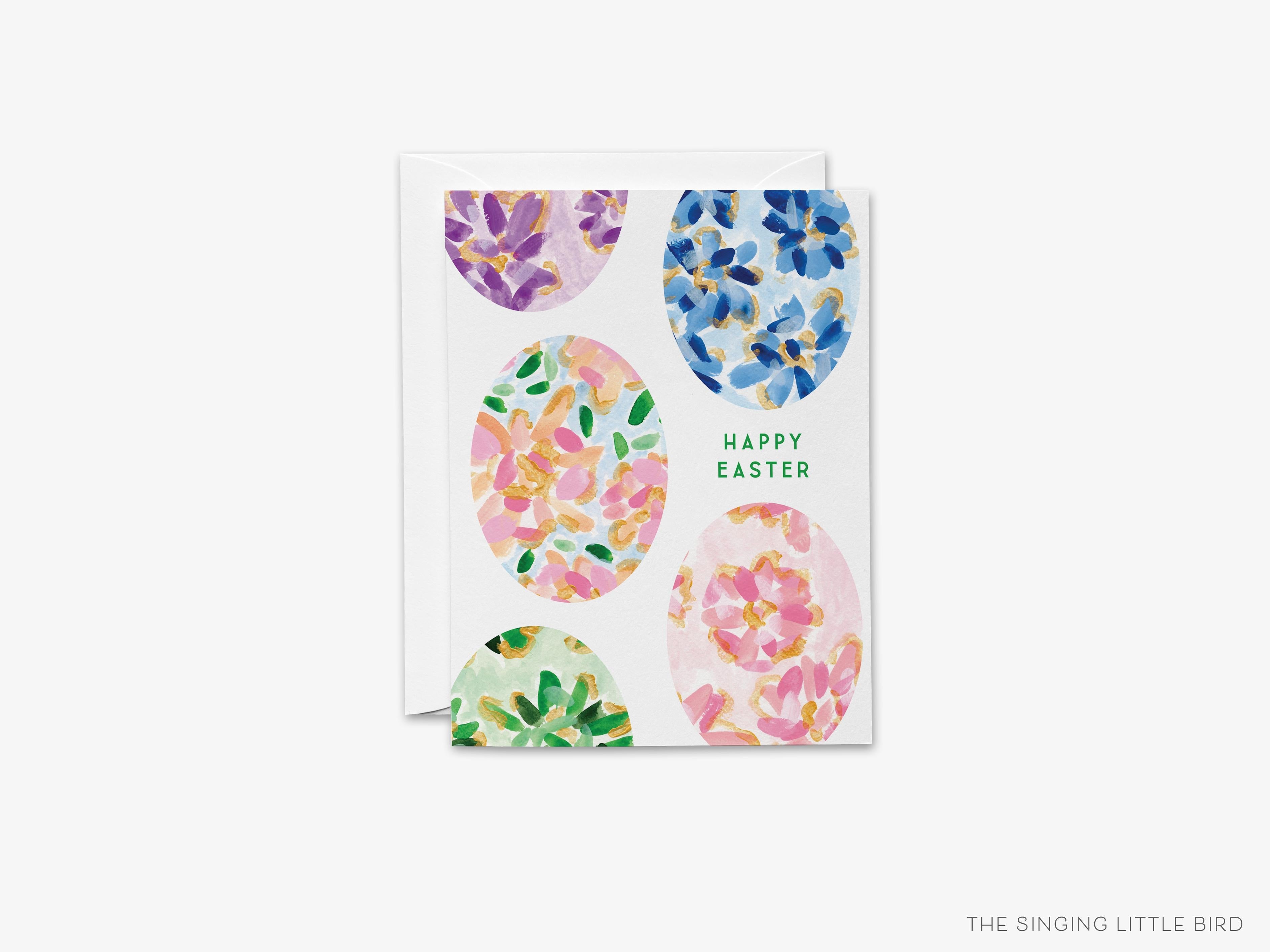 Easter Eggs Greeting Card-These folded spring cards are 4.25x5.5 and feature our hand-painted watercolor Easter eggs, printed in the USA on 100lb textured stock. They come with a White envelope and make a thoughtful Easter card for a family member or friend.-The Singing Little Bird