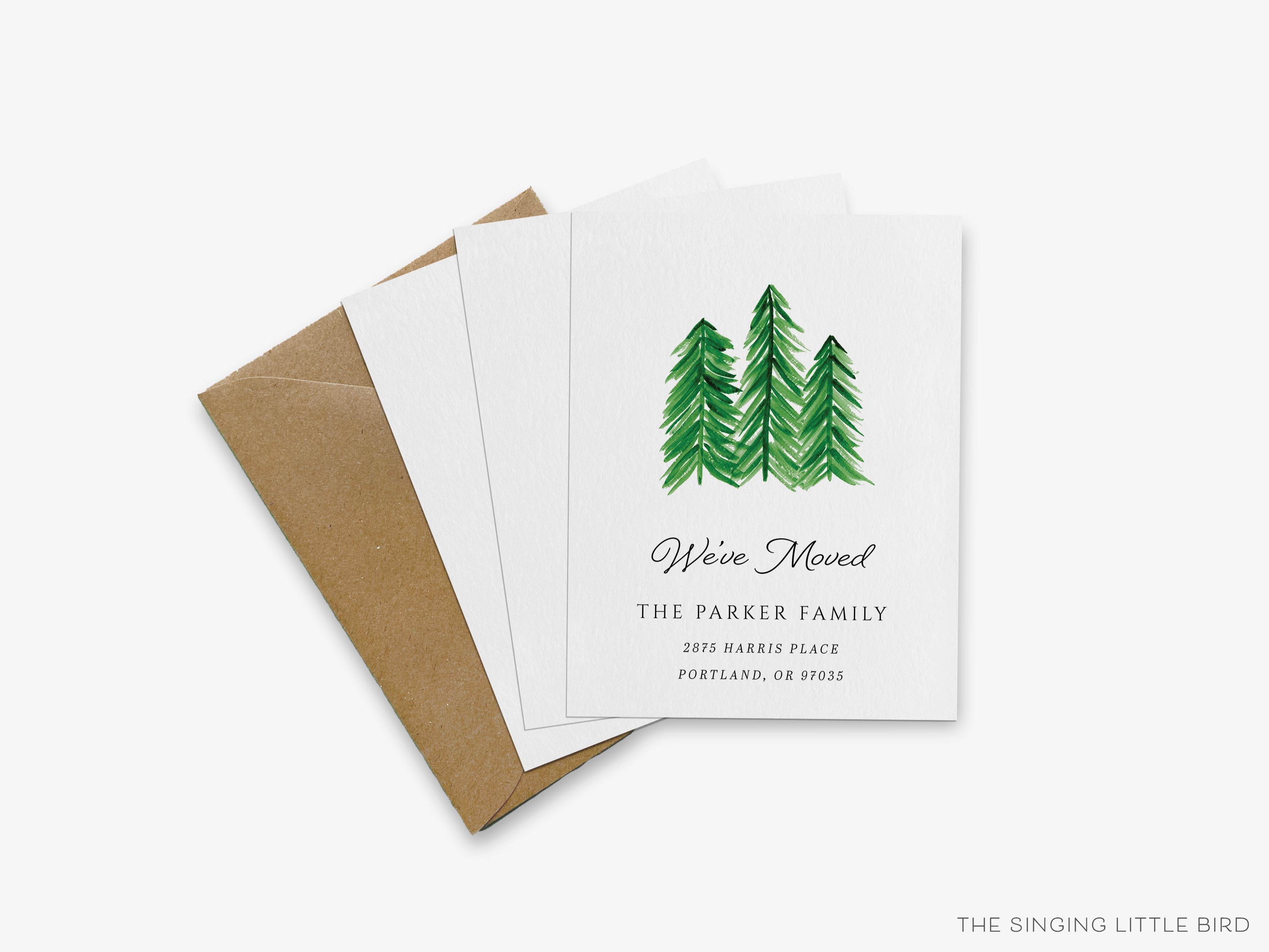 Evergreen Trees Moving Announcement-These personalized flat change of address cards are 4.25x5.5 and feature our hand-painted watercolor evergreen trees, printed in the USA on 120lb textured stock. They come with your choice of envelopes and make great moving announcements for the nature lover.-The Singing Little Bird