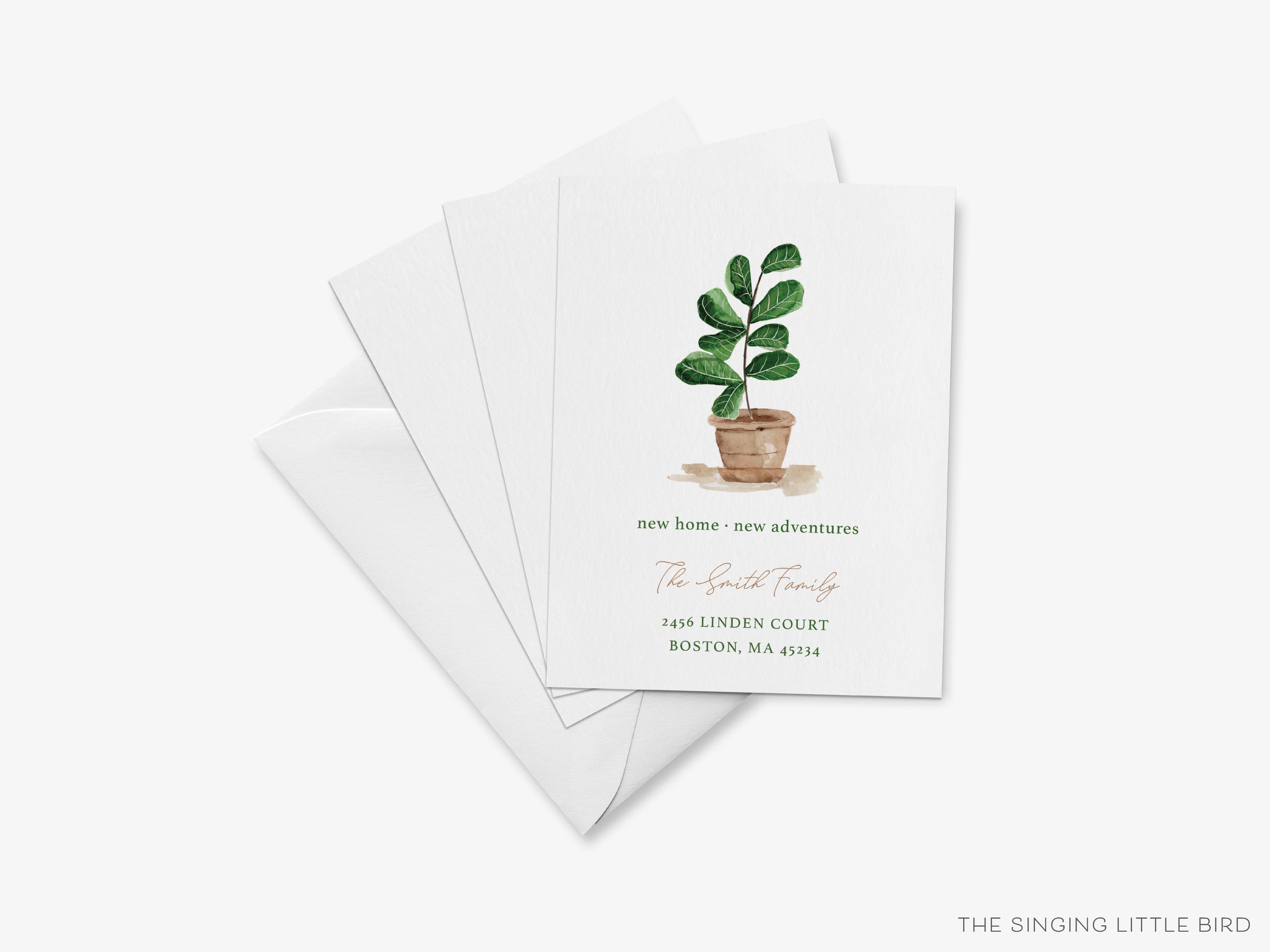 Fiddle Leaf Fig Moving Announcement-These personalized flat change of address cards are 4.25x5.5 and feature our hand-painted watercolor fiddle leaf fig, printed in the USA on 120lb textured stock. They come with your choice of envelopes and make great moving announcements for the plant lover.-The Singing Little Bird