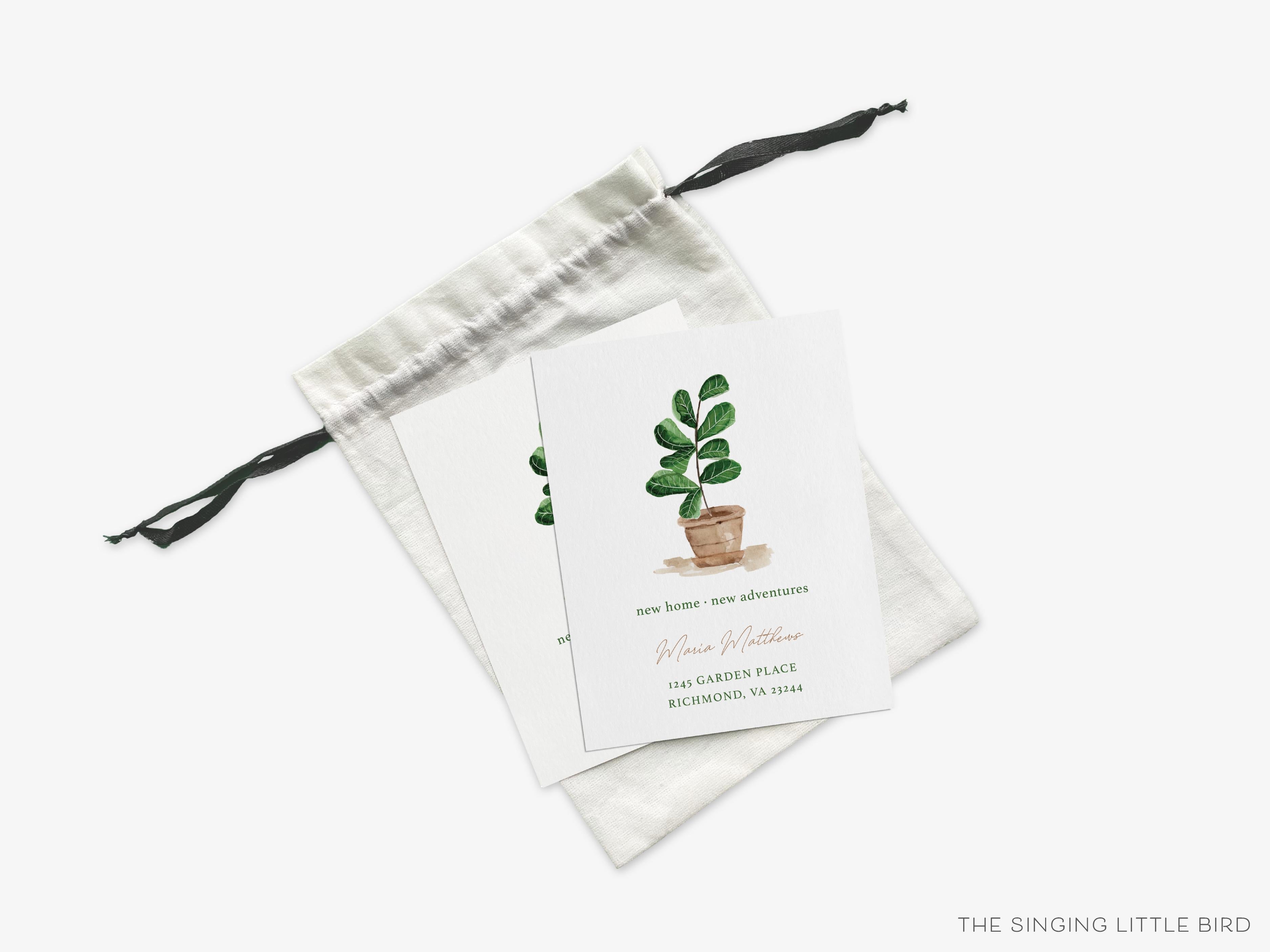 Fiddle Leaf Fig Moving Announcement-These personalized flat change of address cards are 4.25x5.5 and feature our hand-painted watercolor fiddle leaf fig, printed in the USA on 120lb textured stock. They come with your choice of envelopes and make great moving announcements for the plant lover.-The Singing Little Bird