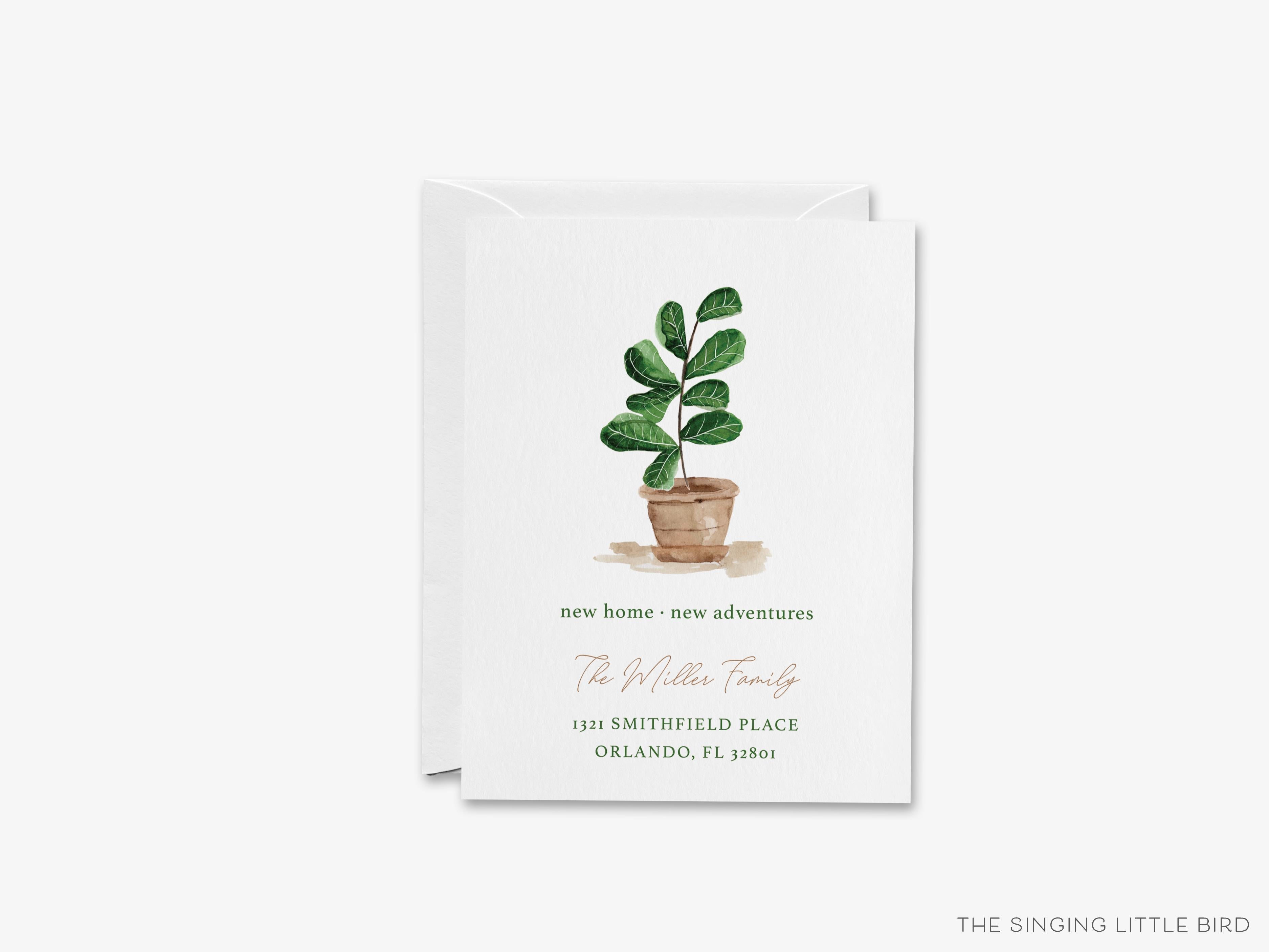 Fiddle Leaf Fig Moving Announcement-These personalized flat change of address cards are 4.25x5.5 and feature our hand-painted watercolor fiddle leaf fig, printed in the USA on 120lb textured stock. They come with your choice of envelopes and make great moving announcements for the plant lover.-The Singing Little Bird