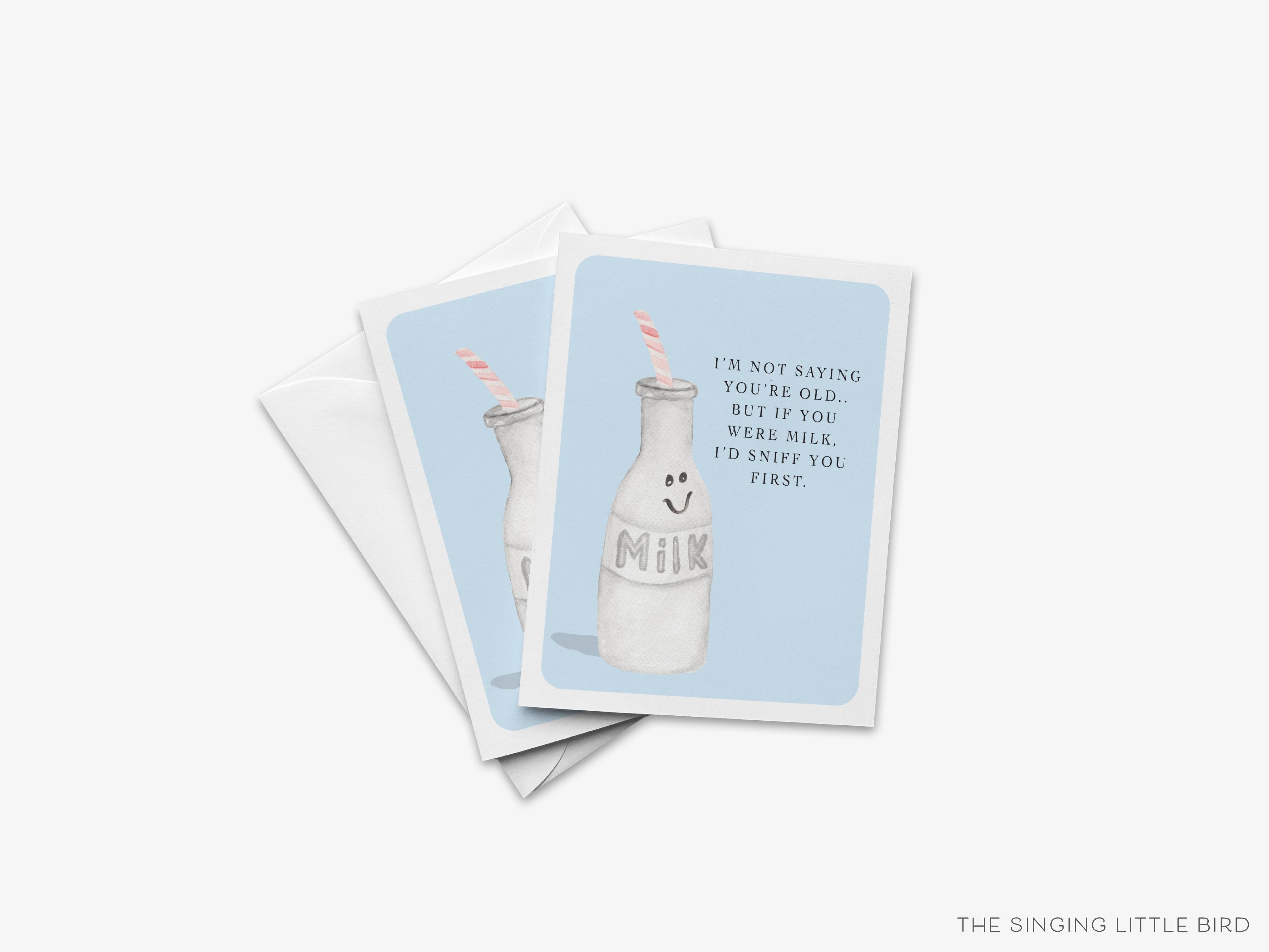 Funny Milk Birthday Card-These folded birthday cards are 4.25x5.5 and feature our hand-painted bottle of milk, printed in the USA on 100lb textured stock. They come with a White envelope and make a great birthday card for a funny birthday.-The Singing Little Bird