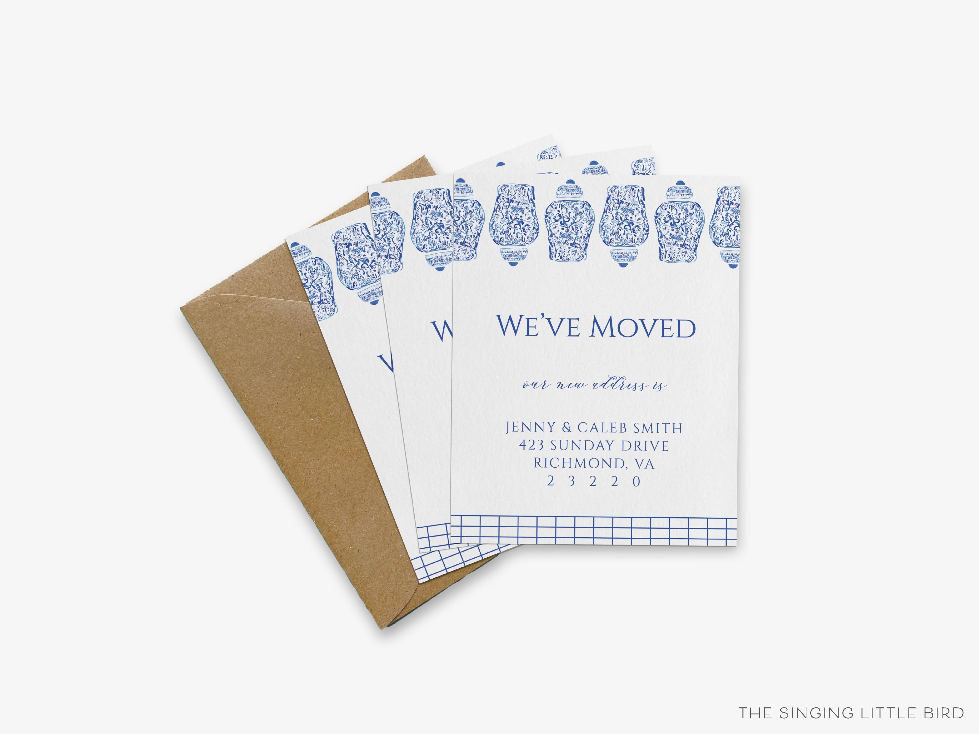 Ginger Jar Moving Announcement-These personalized flat change of address cards are 4.25x5.5 and feature our hand-painted watercolor Ginger Jar, printed in the USA on 120lb textured stock. They come with your choice of envelopes and make great moving announcements for the chinoiserie lover.-The Singing Little Bird