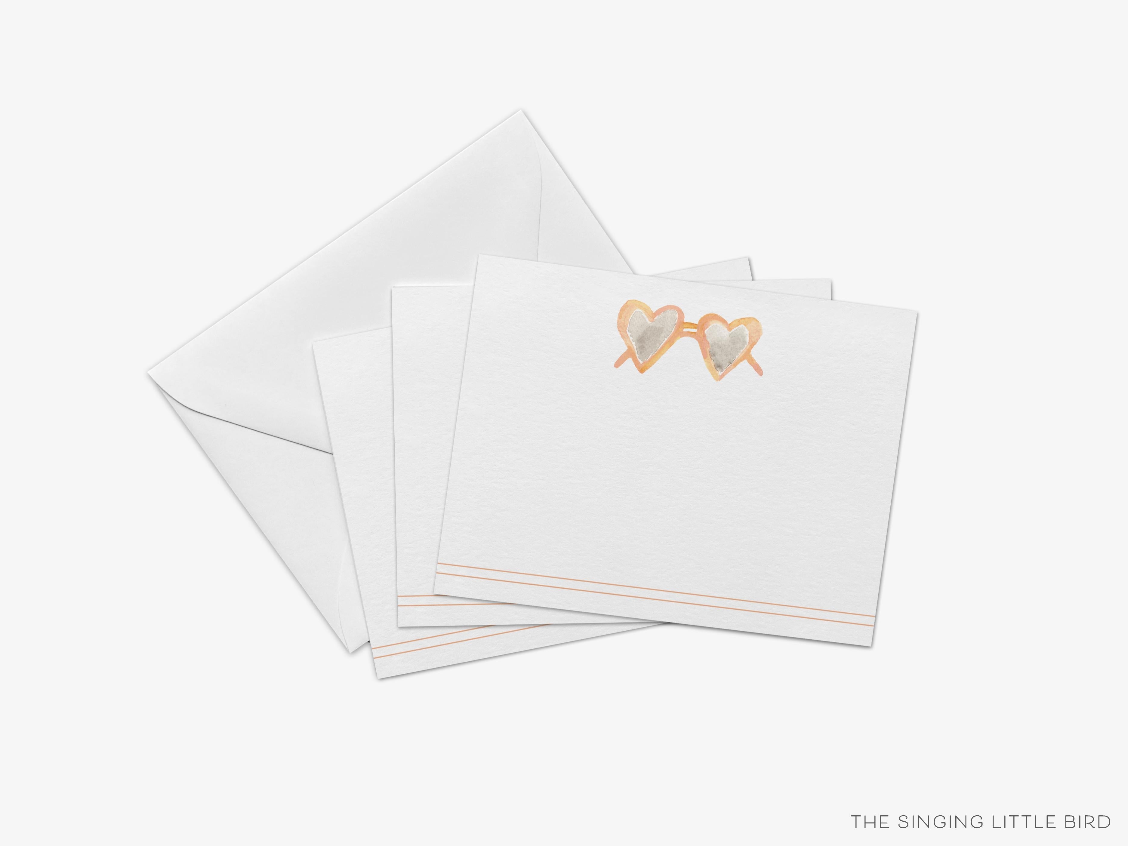 Heart Glasses Flat Notes [Sets of 8]-These flat notecards are 4.25x5.5 and feature our hand-painted watercolor heart glasses, printed in the USA on 120lb textured stock. They come with white envelopes and make great thank yous and gifts for the sunglass lover in your life.-The Singing Little Bird