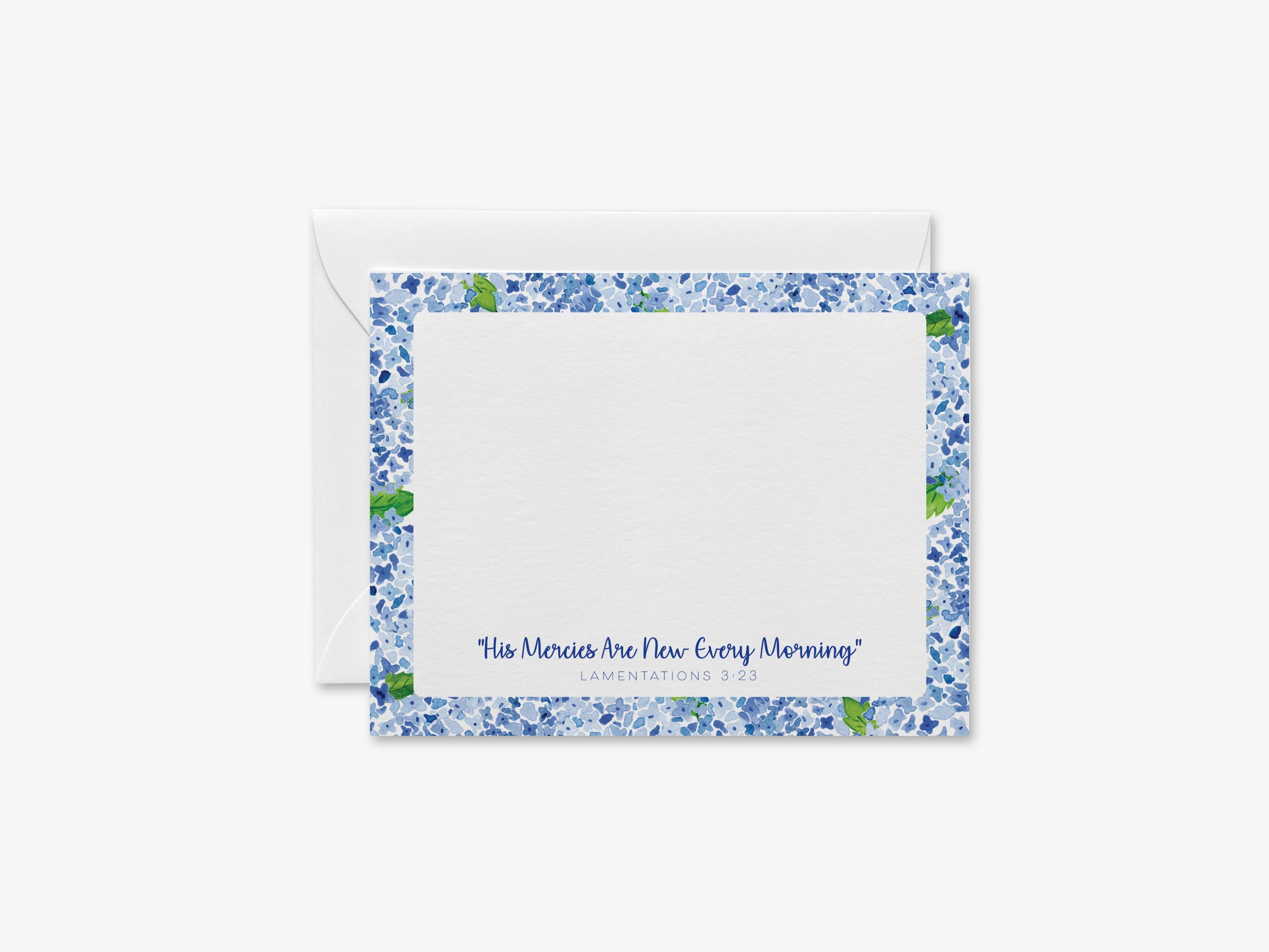 His Mercies Are New Bible Verse Flat Notecards [Sets of 8]-These flat notecards are 4.25x5.5 and feature our hand-painted watercolor hydrageas, printed in the USA on 120lb textured stock. They come with white envelopes and make great thank yous and gifts for the Christain lover in your life.-The Singing Little Bird