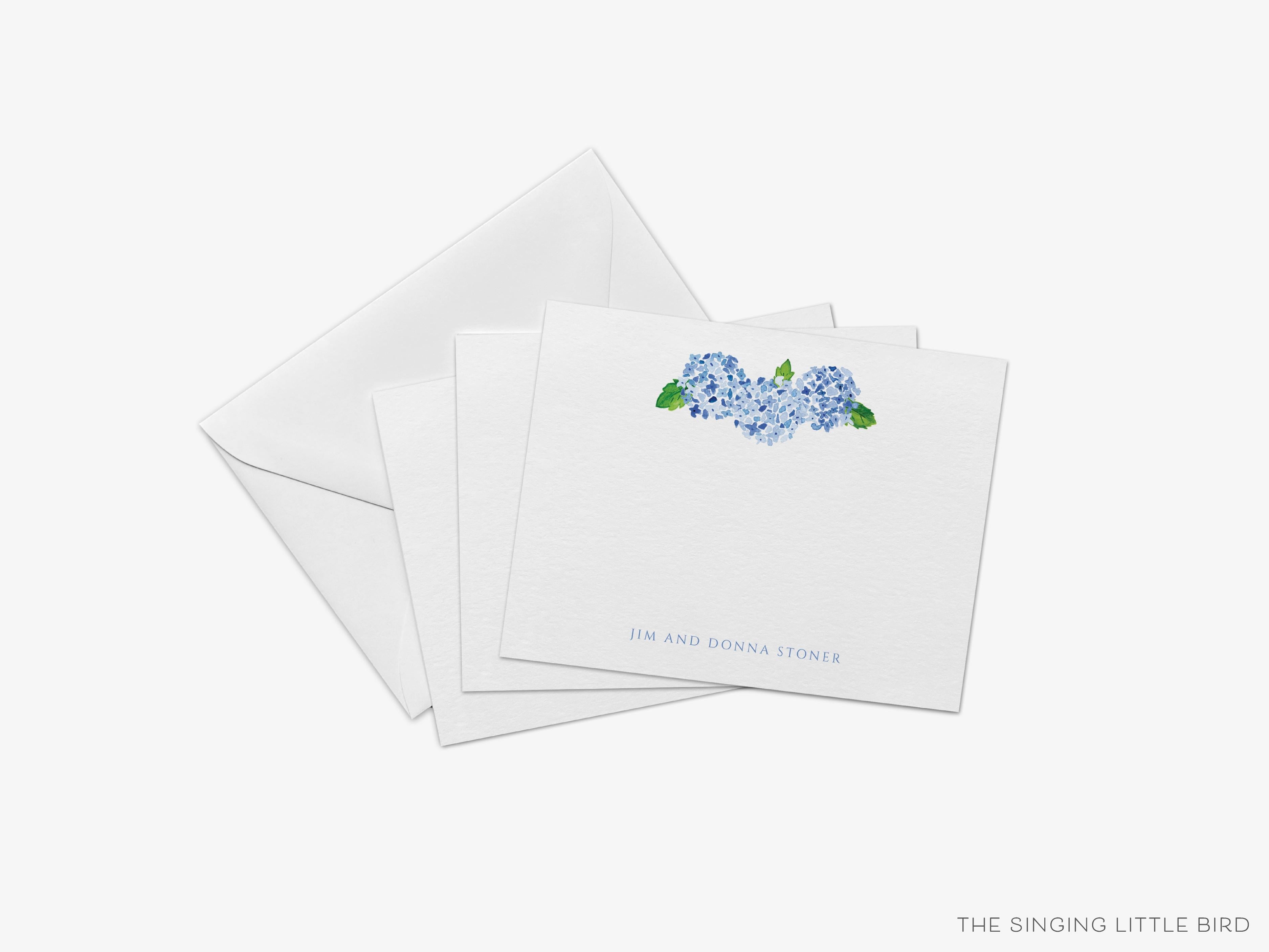 Hydrangea Flat Notes-These personalized flat notecards are 4.25x5.5 and feature our hand-painted watercolor Hydrangeas, printed in the USA on 120lb textured stock. They come with your choice of envelopes and make great thank yous and gifts for the floral lover in your life.-The Singing Little Bird