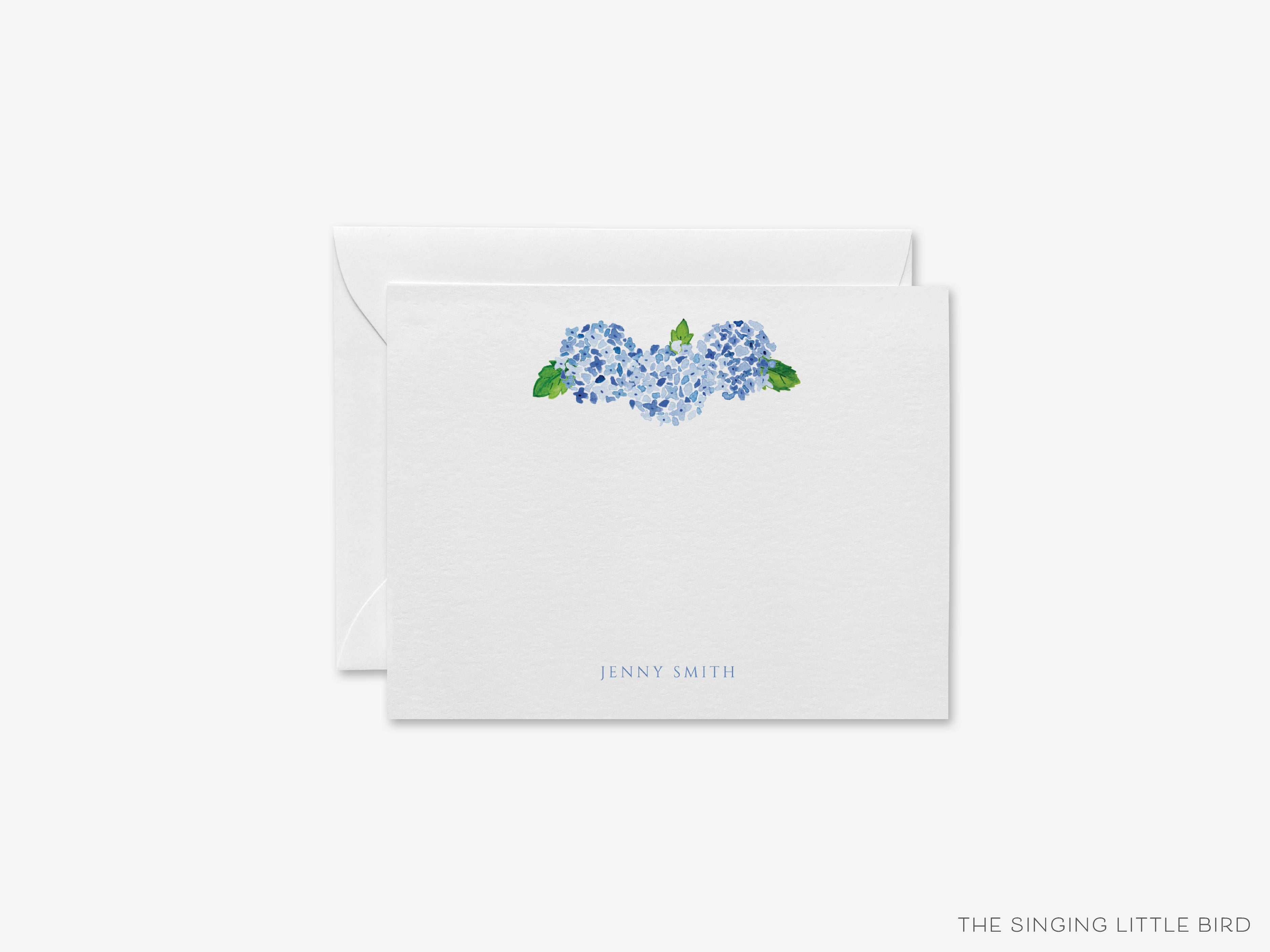 Hydrangea Flat Notes-These personalized flat notecards are 4.25x5.5 and feature our hand-painted watercolor Hydrangeas, printed in the USA on 120lb textured stock. They come with your choice of envelopes and make great thank yous and gifts for the floral lover in your life.-The Singing Little Bird