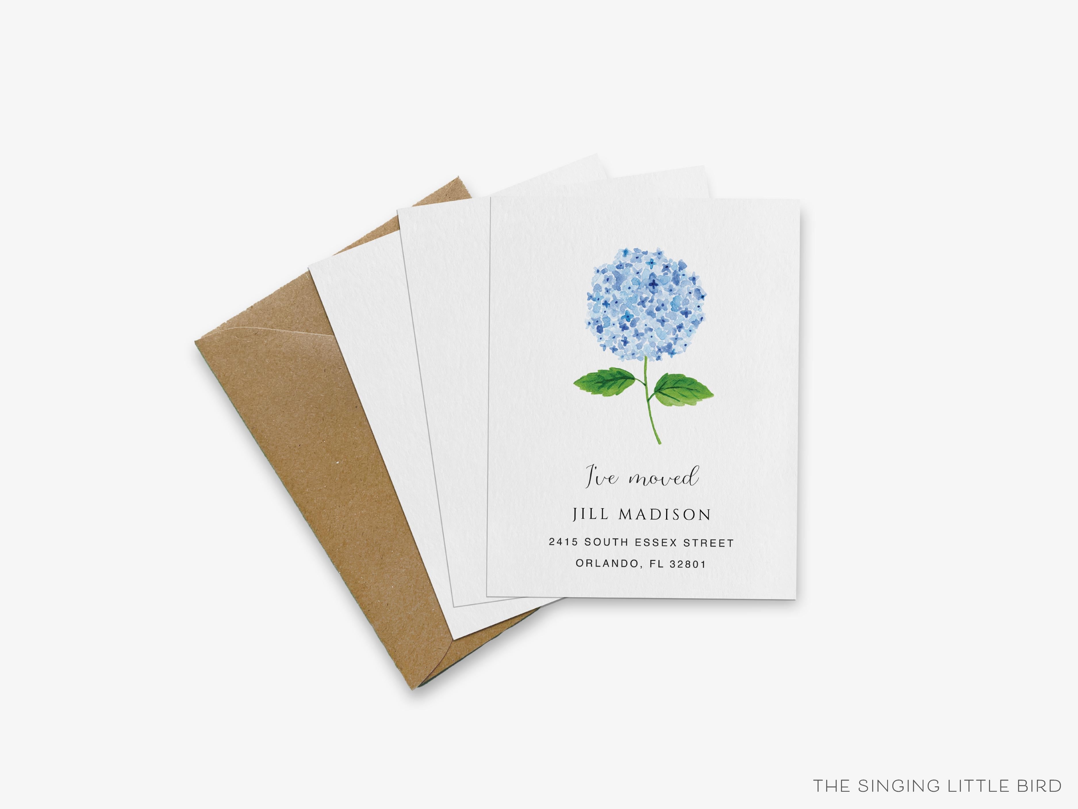 Hydrangea Moving Announcement-These personalized flat change of address cards are 4.25x5.5 and feature our hand-painted watercolor Hydrangea, printed in the USA on 120lb textured stock. They come with your choice of envelopes and make great moving announcements for the floral lover.-The Singing Little Bird