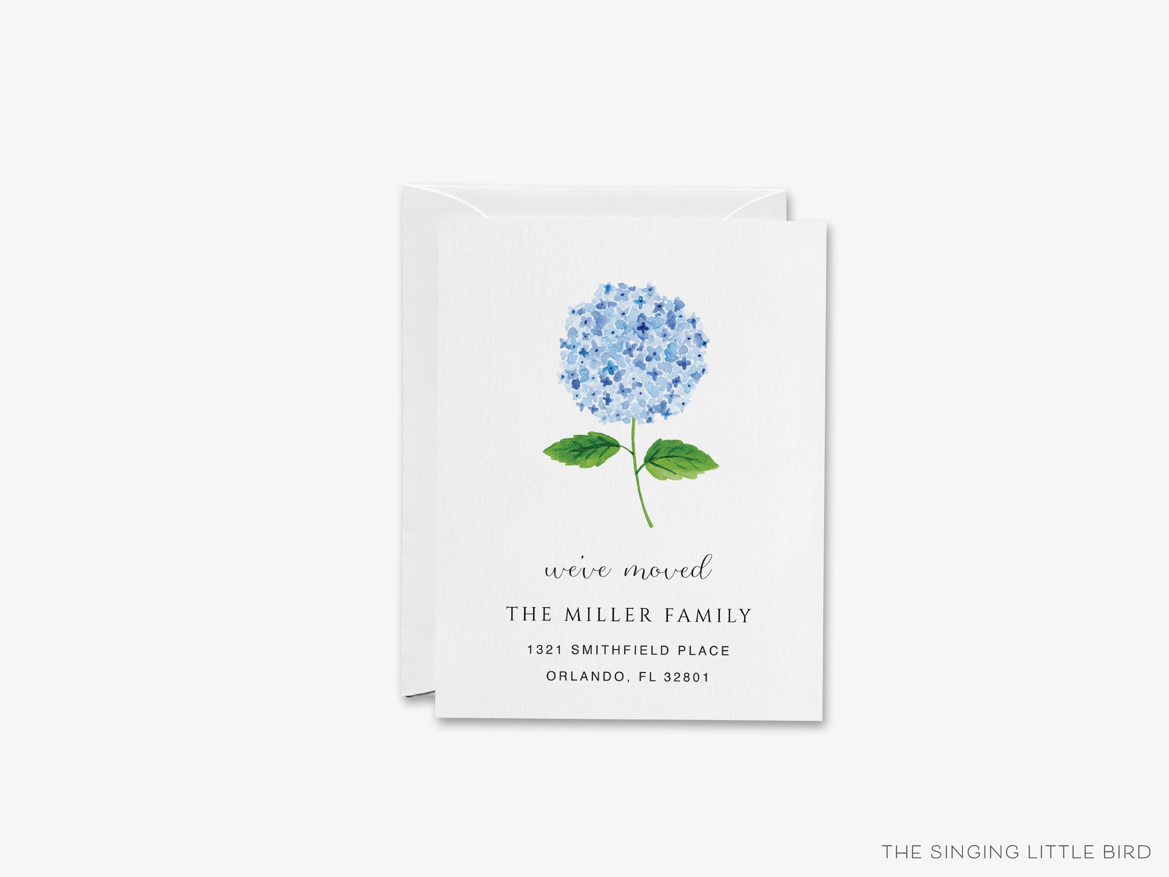 Hydrangea Moving Announcement-These personalized flat change of address cards are 4.25x5.5 and feature our hand-painted watercolor Hydrangea, printed in the USA on 120lb textured stock. They come with your choice of envelopes and make great moving announcements for the floral lover.-The Singing Little Bird