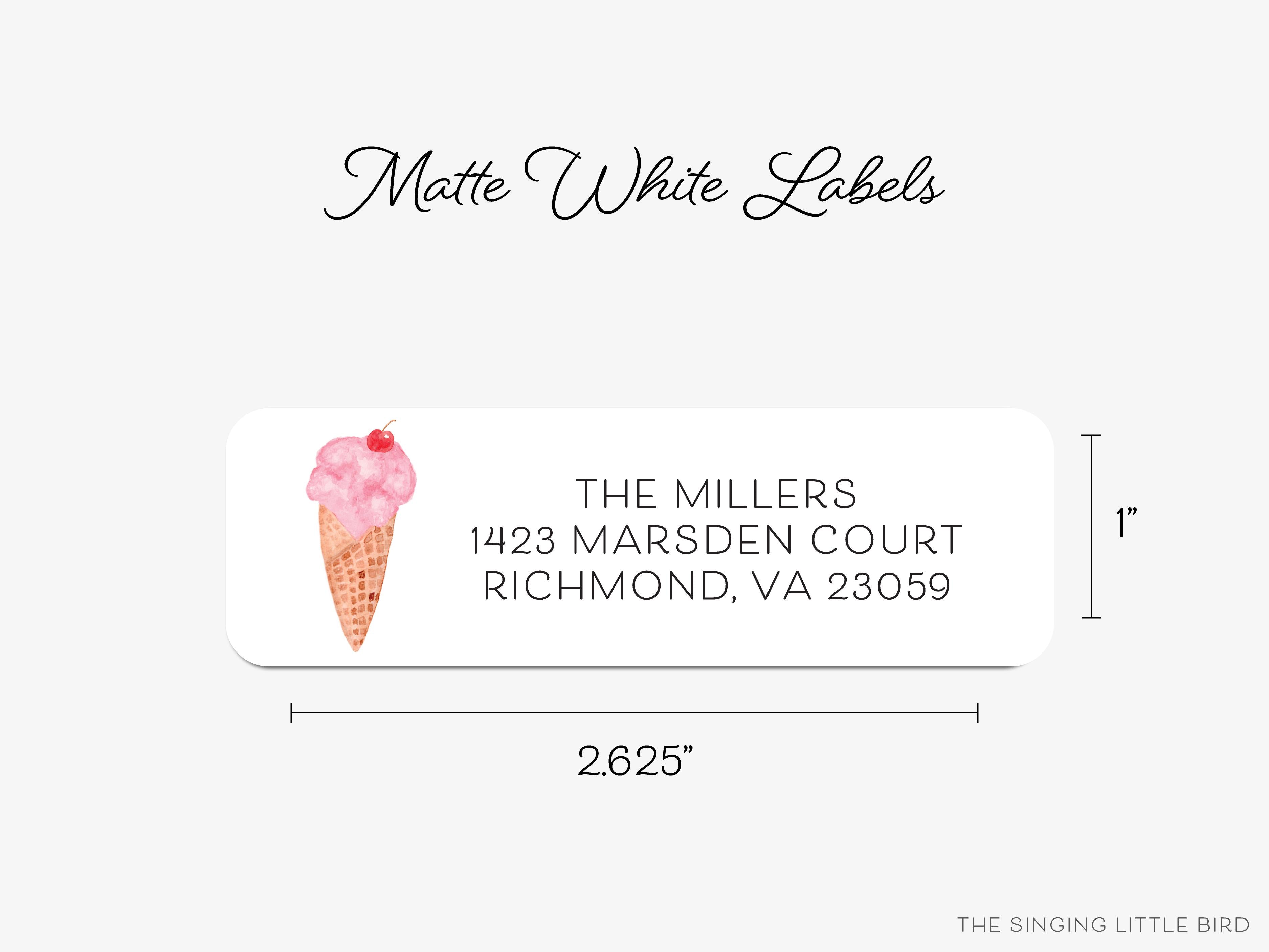 Ice Cream Cone Return Address Labels- These personalized return address labels are 2.625" x 1" and feature our hand-painted watercolor ice cream cone, printed in the USA on beautiful matte finish labels. These make great gifts for yourself or the sweet tooth lover. -The Singing Little Bird