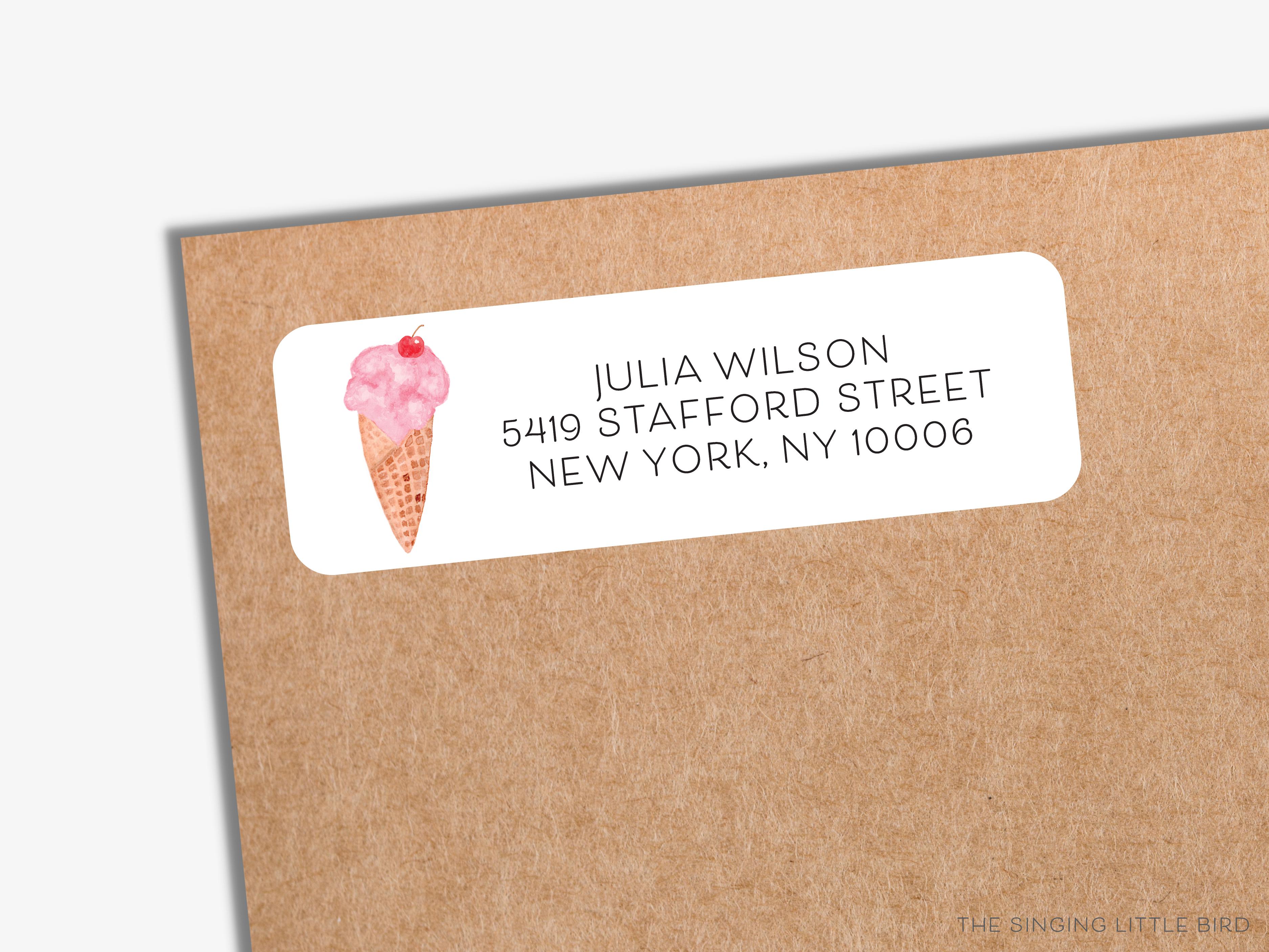 Ice Cream Cone Return Address Labels- These personalized return address labels are 2.625" x 1" and feature our hand-painted watercolor ice cream cone, printed in the USA on beautiful matte finish labels. These make great gifts for yourself or the sweet tooth lover. -The Singing Little Bird