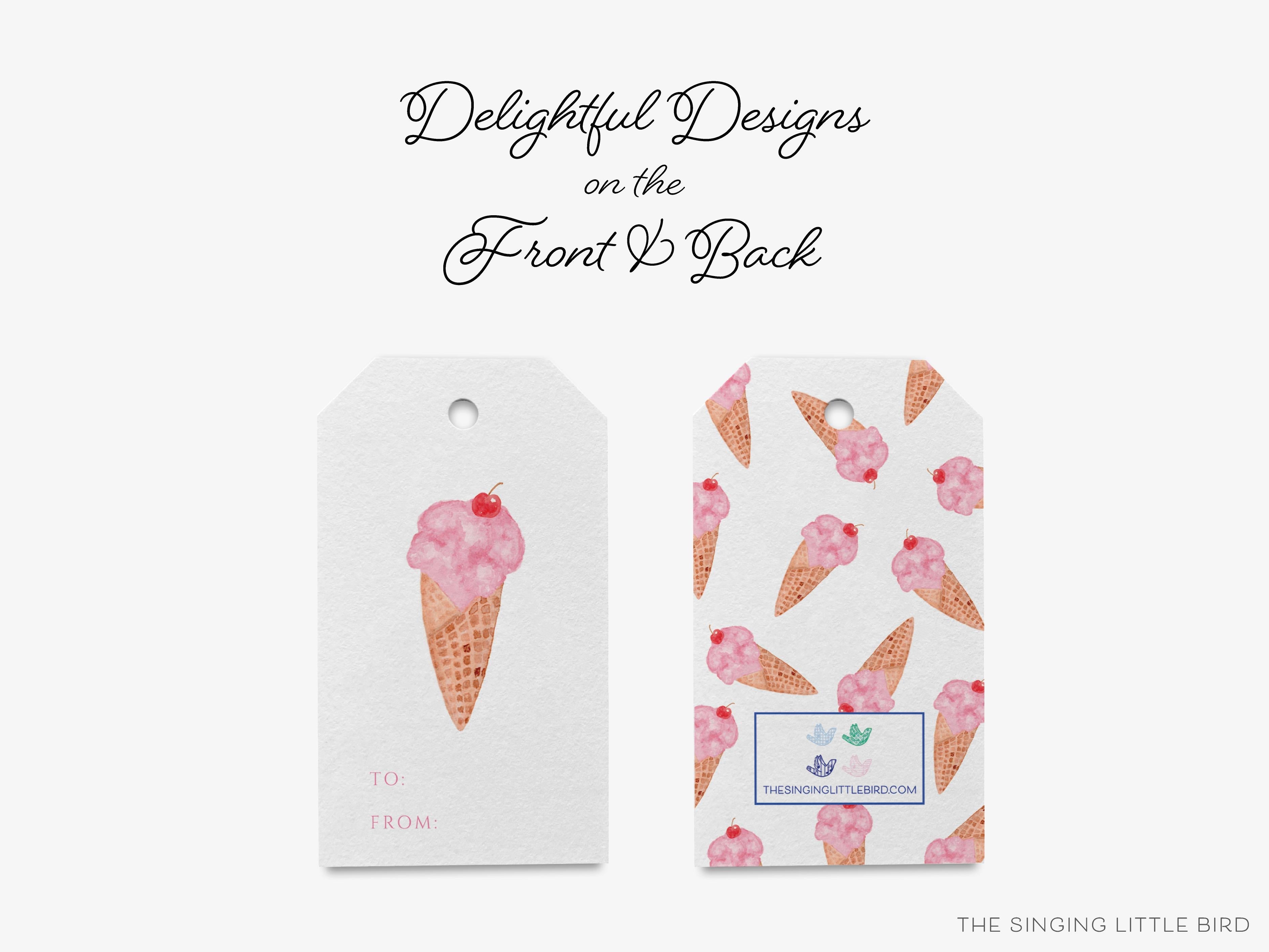Ice Cream Gift Tags [Set of 8]-These gift tags come in sets, hole-punched with white twine and feature our hand-painted watercolor ice cream cone, printed in the USA on 120lb textured stock. They make great tags for gifting or gifts for the ice cream lover in your life.-The Singing Little Bird