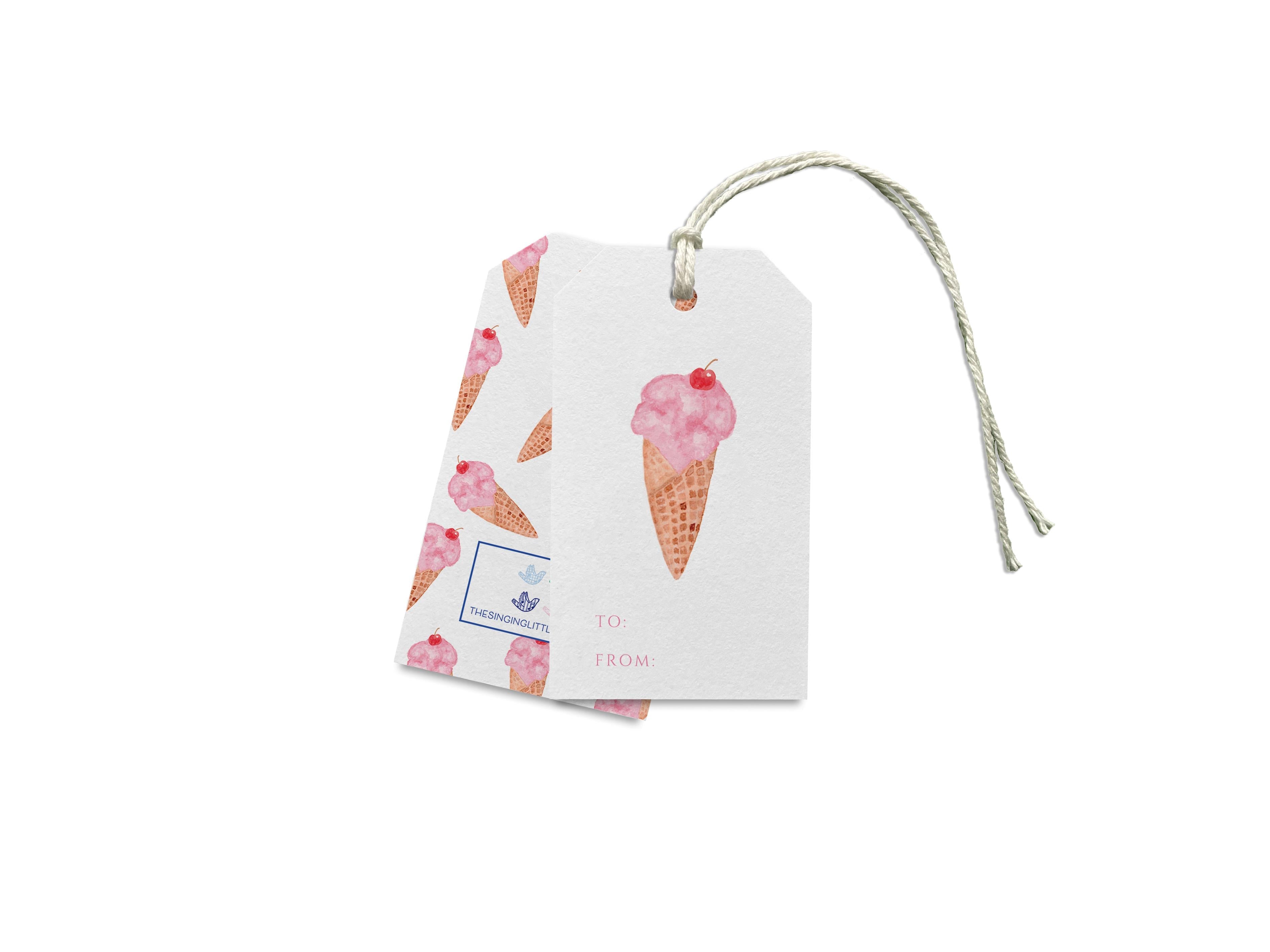 Ice Cream Gift Tags [Set of 8]-These gift tags come in sets, hole-punched with white twine and feature our hand-painted watercolor ice cream cone, printed in the USA on 120lb textured stock. They make great tags for gifting or gifts for the ice cream lover in your life.-The Singing Little Bird