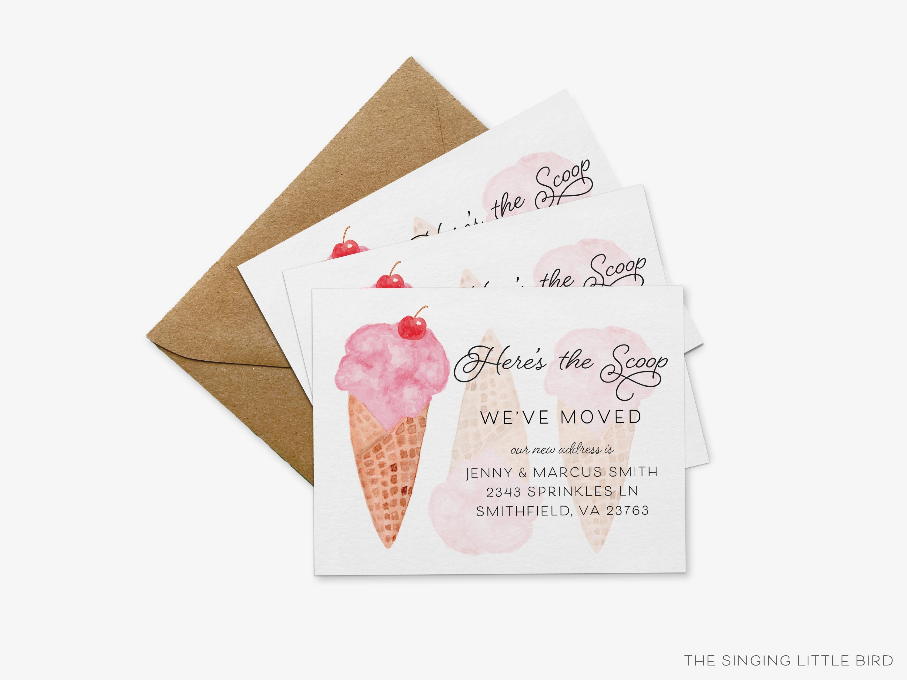 Ice Cream Moving Announcement-These personalized flat change of address cards are 4.25x5.5 and feature our hand-painted watercolor ice cream cone, printed in the USA on 120lb textured stock. They come with your choice of envelopes and make great moving announcements for the ice cream lover.-The Singing Little Bird