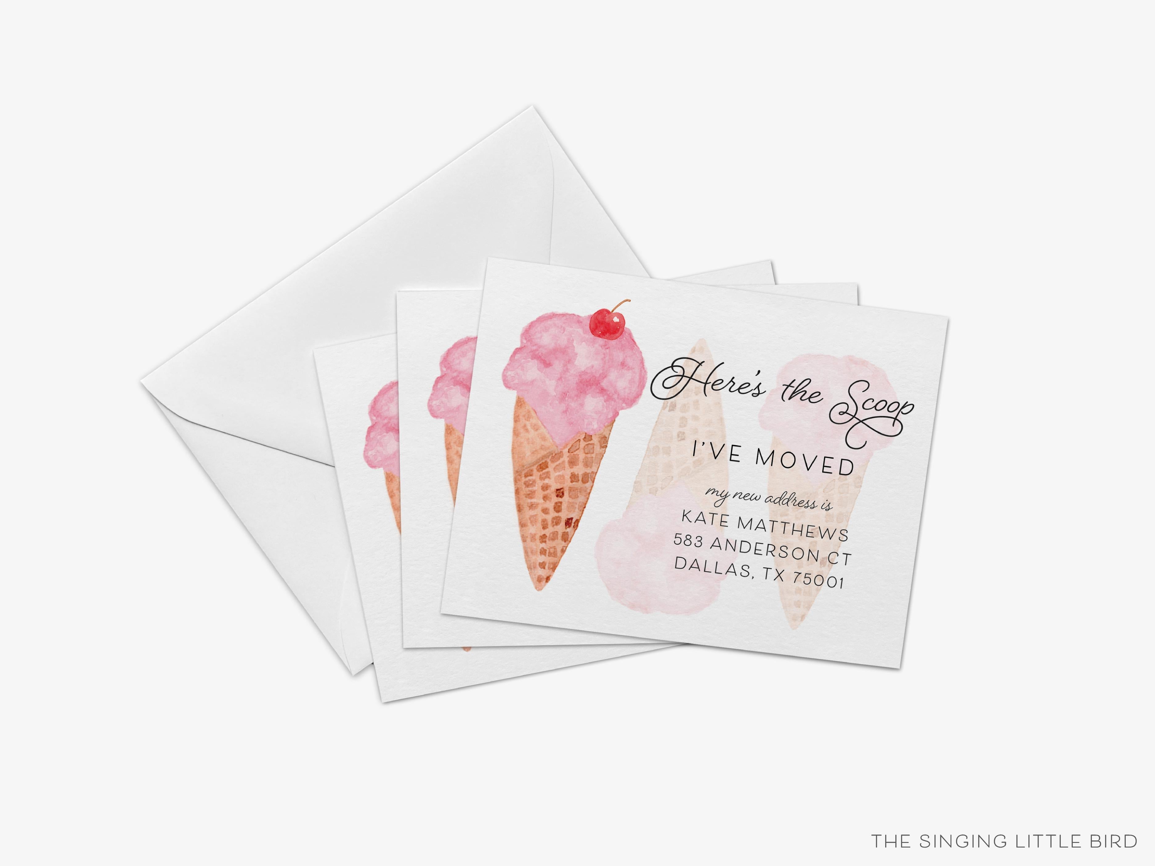 Ice Cream Moving Announcement-These personalized flat change of address cards are 4.25x5.5 and feature our hand-painted watercolor ice cream cone, printed in the USA on 120lb textured stock. They come with your choice of envelopes and make great moving announcements for the ice cream lover.-The Singing Little Bird