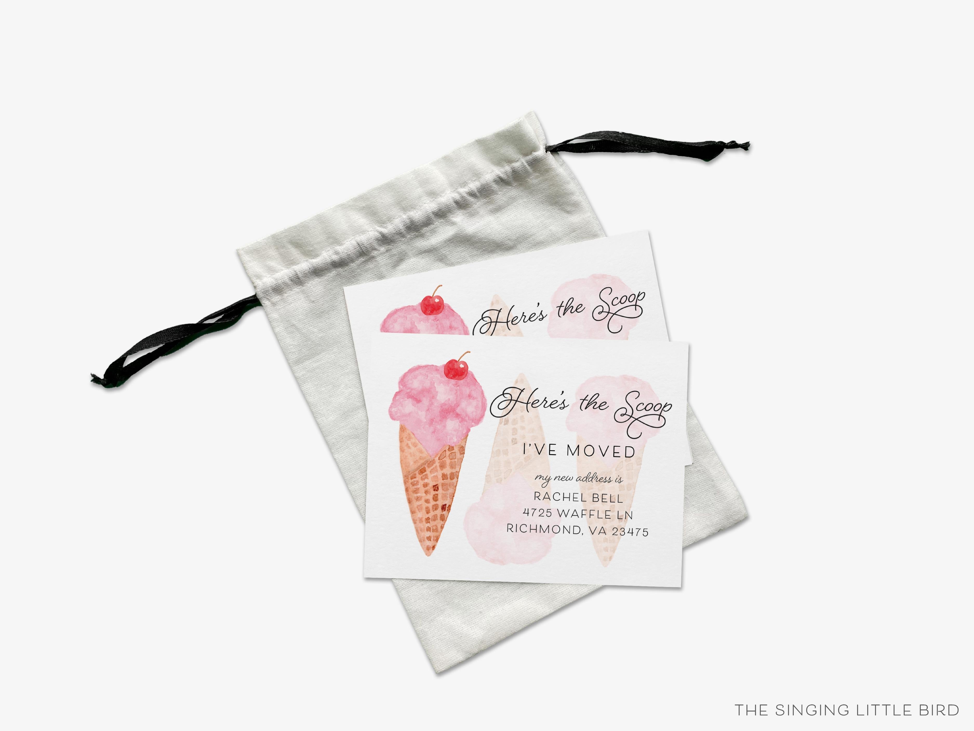 Ice Cream Moving Announcement-These personalized flat change of address cards are 4.25x5.5 and feature our hand-painted watercolor ice cream cone, printed in the USA on 120lb textured stock. They come with your choice of envelopes and make great moving announcements for the ice cream lover.-The Singing Little Bird