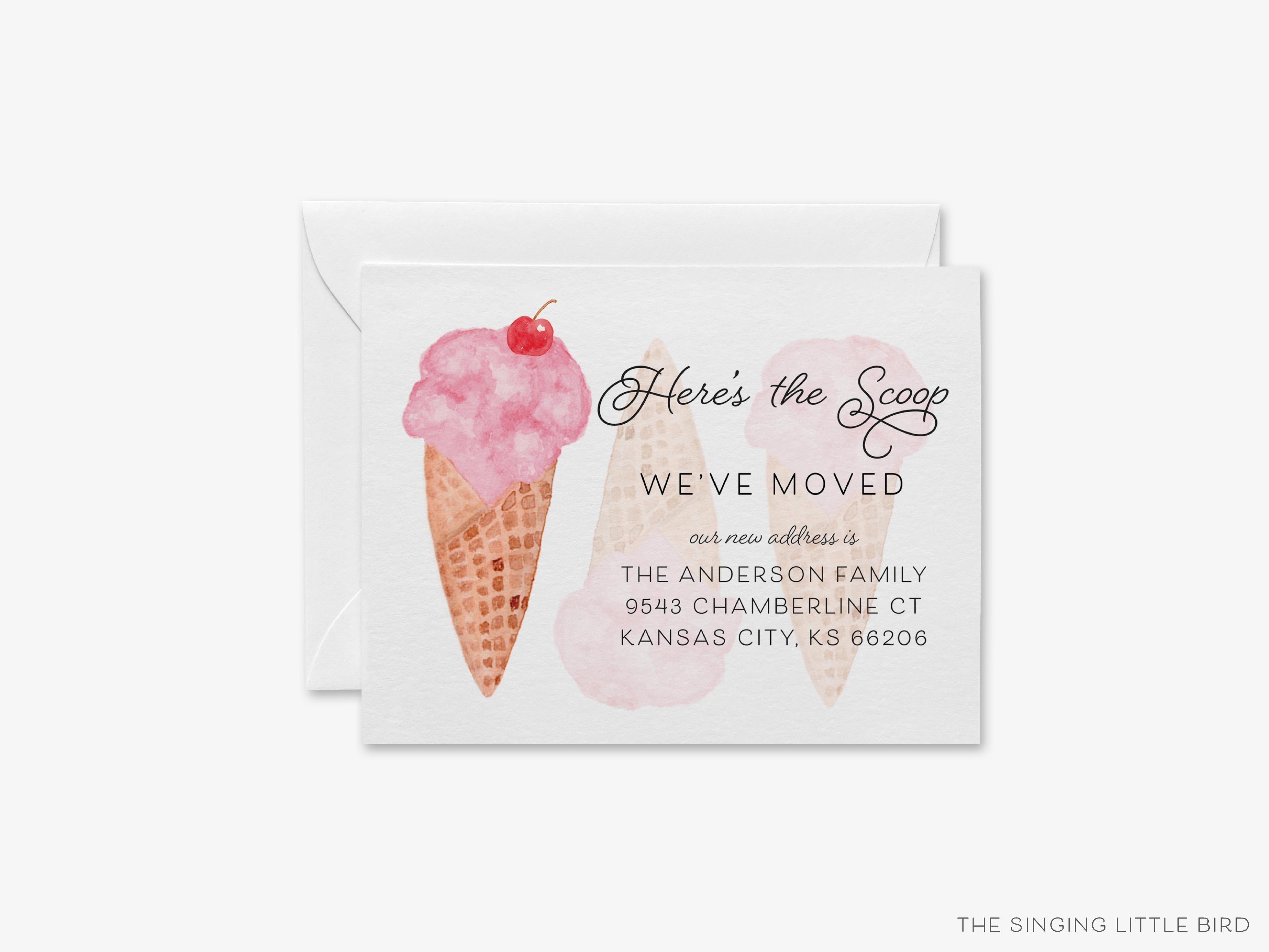 Ice Cream Moving Announcement-These personalized flat change of address cards are 4.25x5.5 and feature our hand-painted watercolor ice cream cone, printed in the USA on 120lb textured stock. They come with your choice of envelopes and make great moving announcements for the ice cream lover.-The Singing Little Bird
