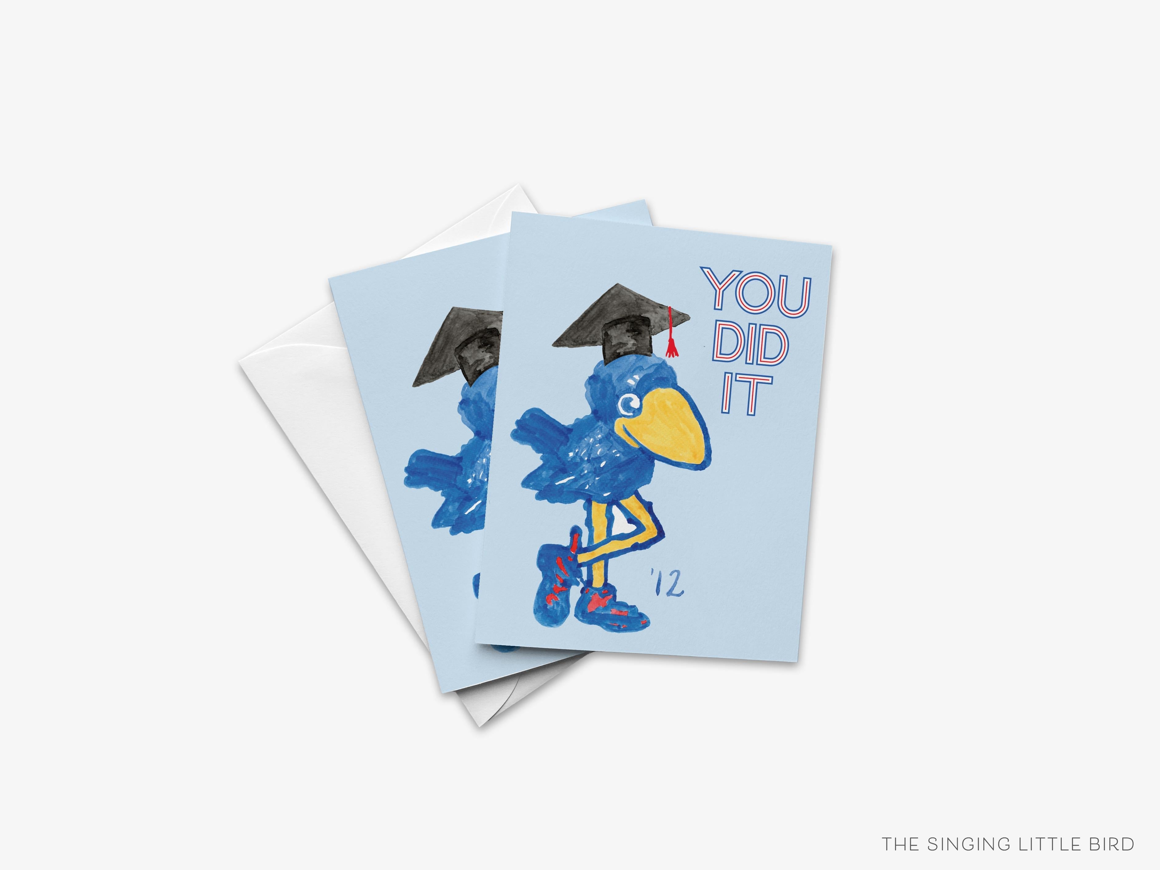 Kansas 1912 Jayhawk Graduation Card [Officially Licensed]-These folded graduation cards are 4.25x5.5 and feature our hand-painted watercolor 1912 Jayhawk, printed in the USA on 100lb textured stock. They come with a White envelope and make a great congrats card for the University of Kansas graduate in your life.-The Singing Little Bird