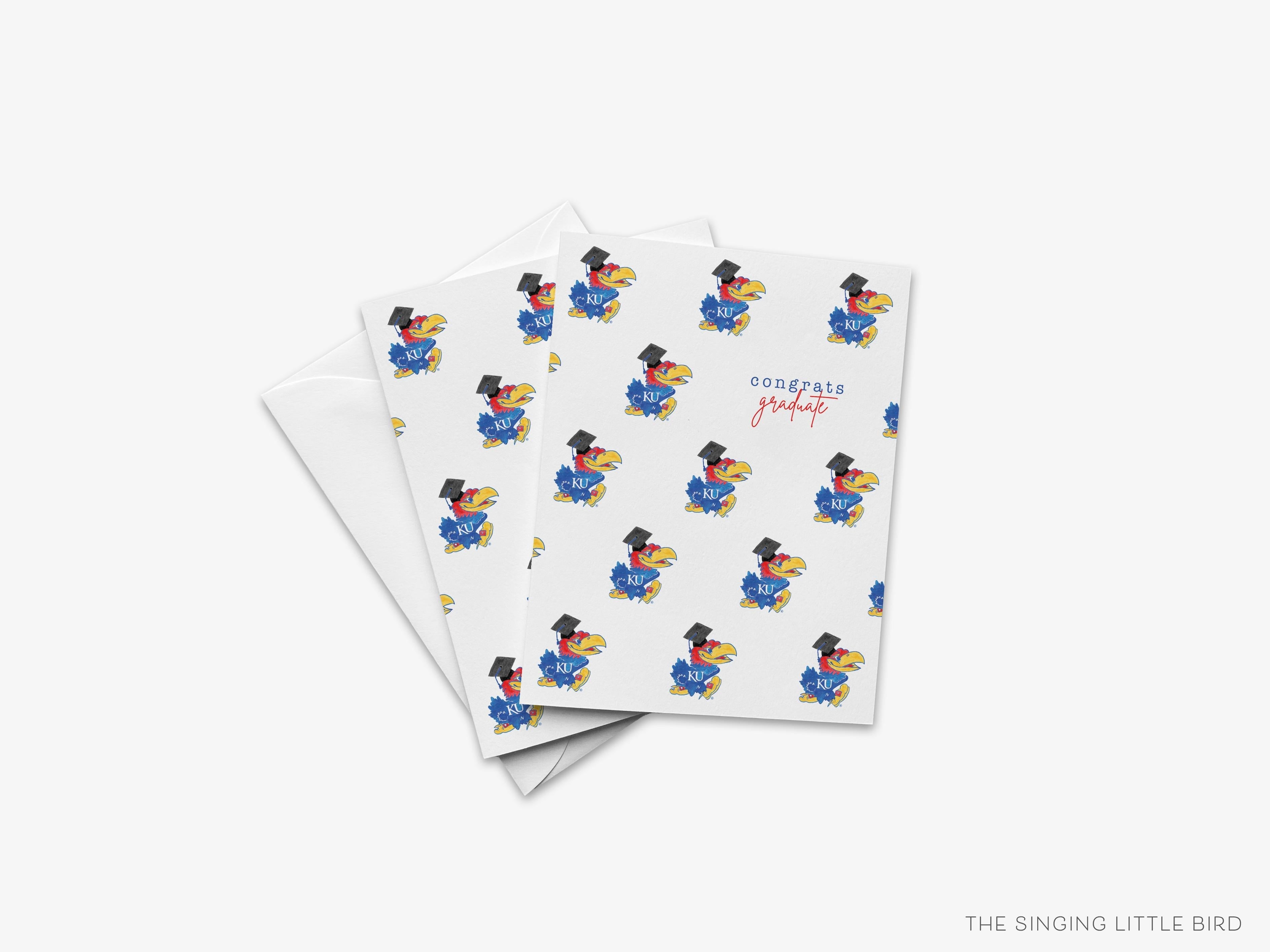 Kansas Jayhawk Congrats Graduation Card [Officially Licensed]-These folded graduation cards are 4.25x5.5 and feature our hand-painted watercolor Kansas Jayhawk, printed in the USA on 100lb textured stock. They come with a White envelope and make a great congratulations card for the KU graduate in your life.-The Singing Little Bird