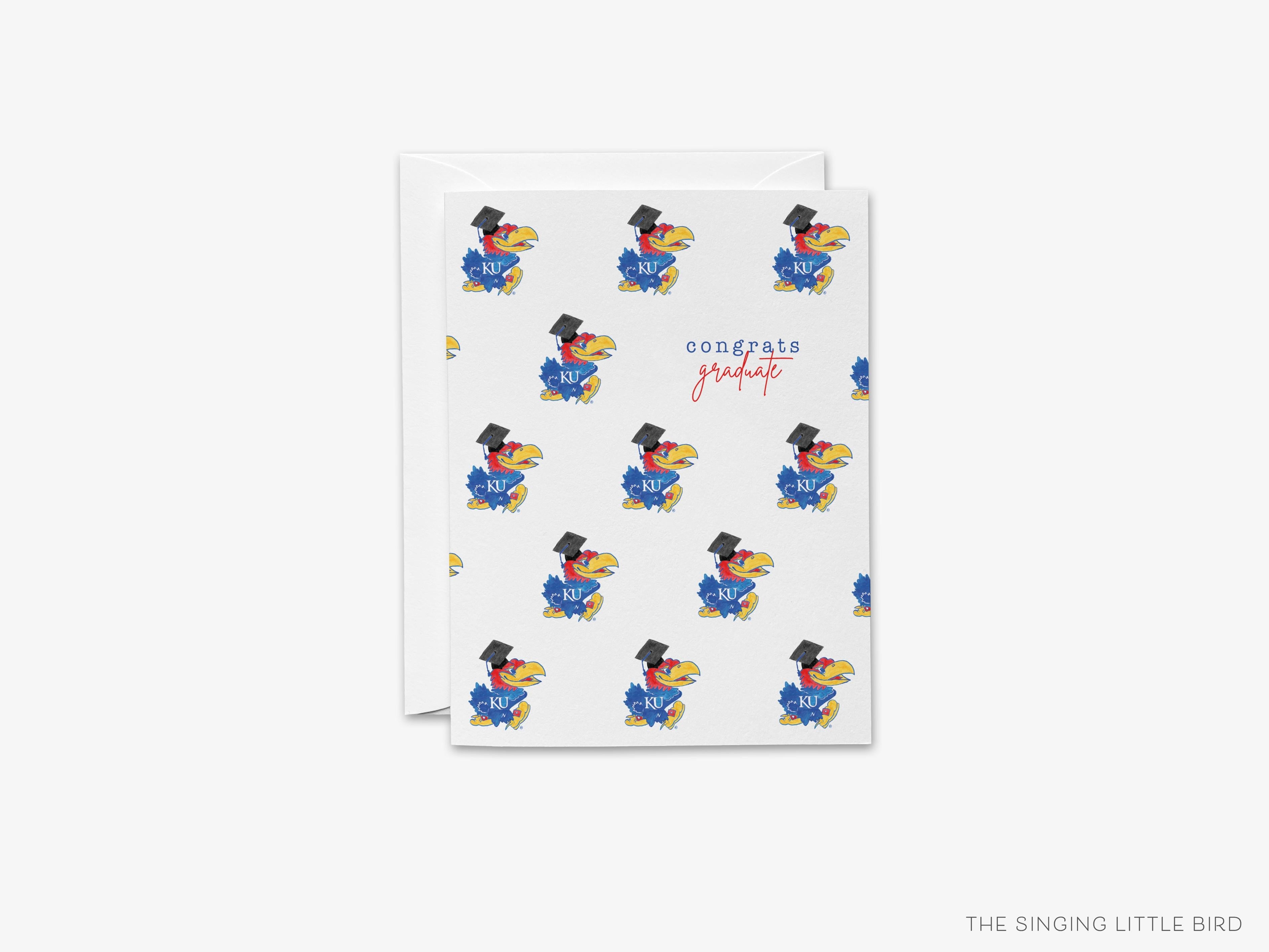 Kansas Jayhawk Congrats Graduation Card [Officially Licensed]-These folded graduation cards are 4.25x5.5 and feature our hand-painted watercolor Kansas Jayhawk, printed in the USA on 100lb textured stock. They come with a White envelope and make a great congratulations card for the KU graduate in your life.-The Singing Little Bird