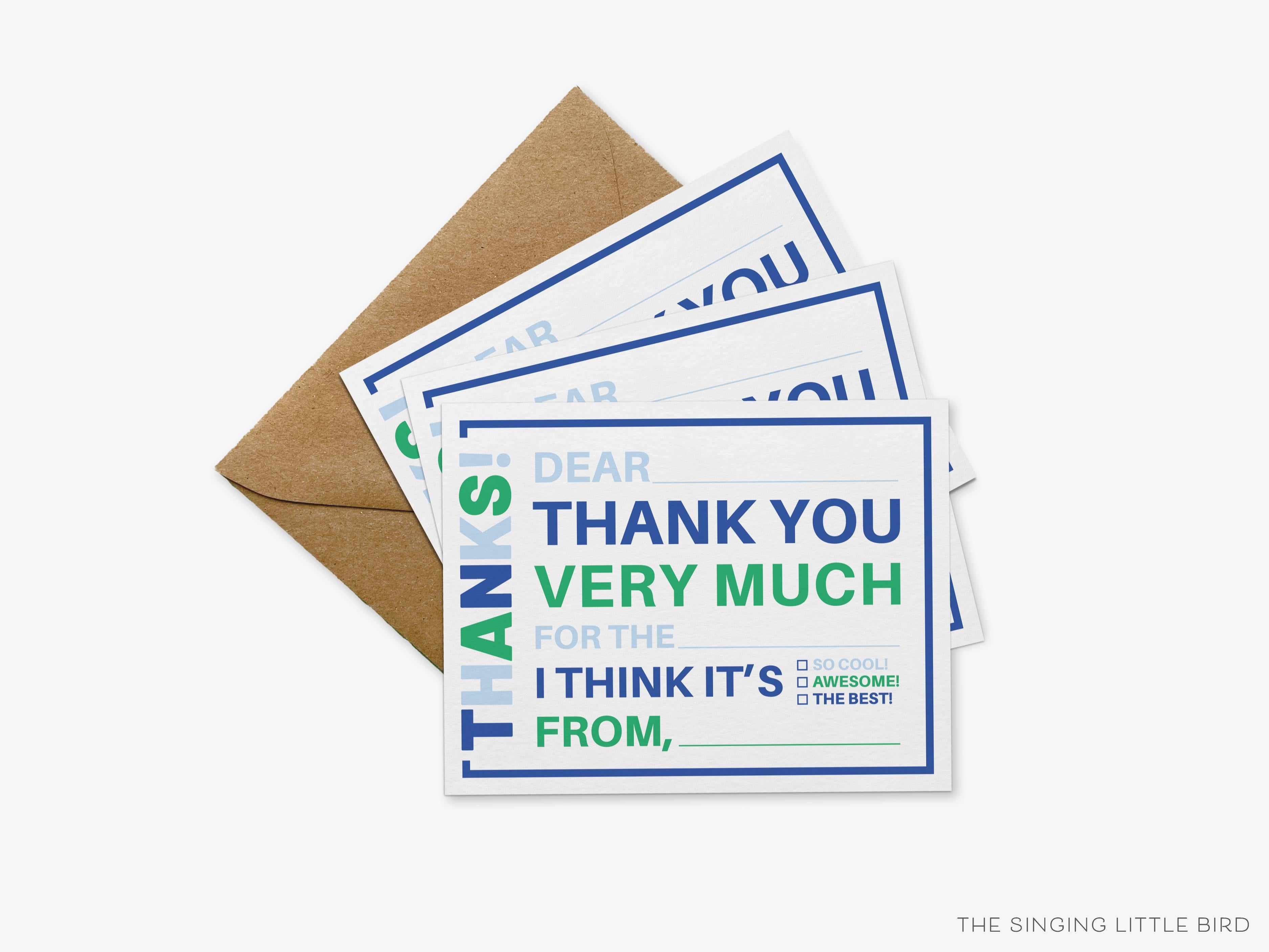 Kids Fill In The Blank Thank You Flat Notes-These personalized flat notecards are 4.25x5.5 and feature our kids fill in the blank thank you, printed in the USA on 120lb textured stock. They come with your choice of envelopes and make great thank yous and gifts for the kids in your life.-The Singing Little Bird