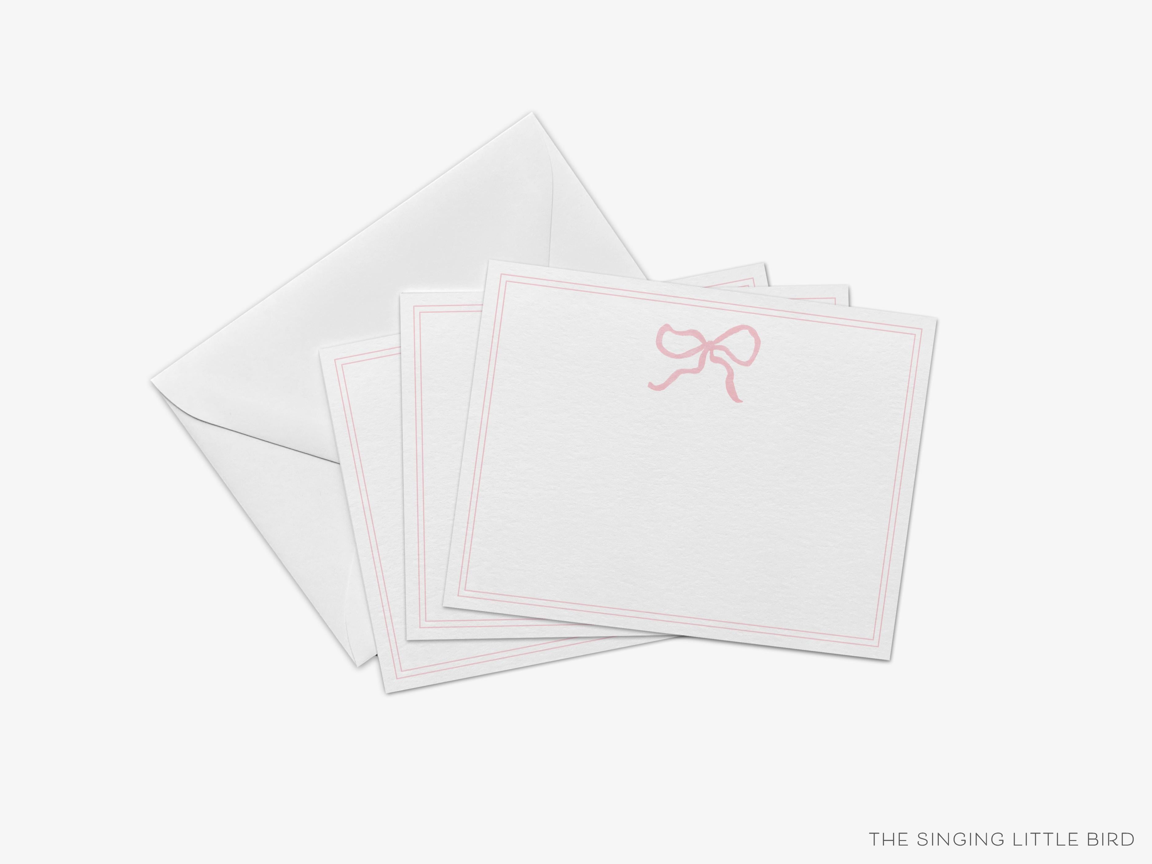 Light Pink Bow Flat Notes [Sets of 8]-These flat notecards are 4.25x5.5 and feature our hand-painted watercolor pink bow, printed in the USA on 120lb textured stock. They come with white envelopes and make great thank yous and gifts for the bow lover in your life.-The Singing Little Bird