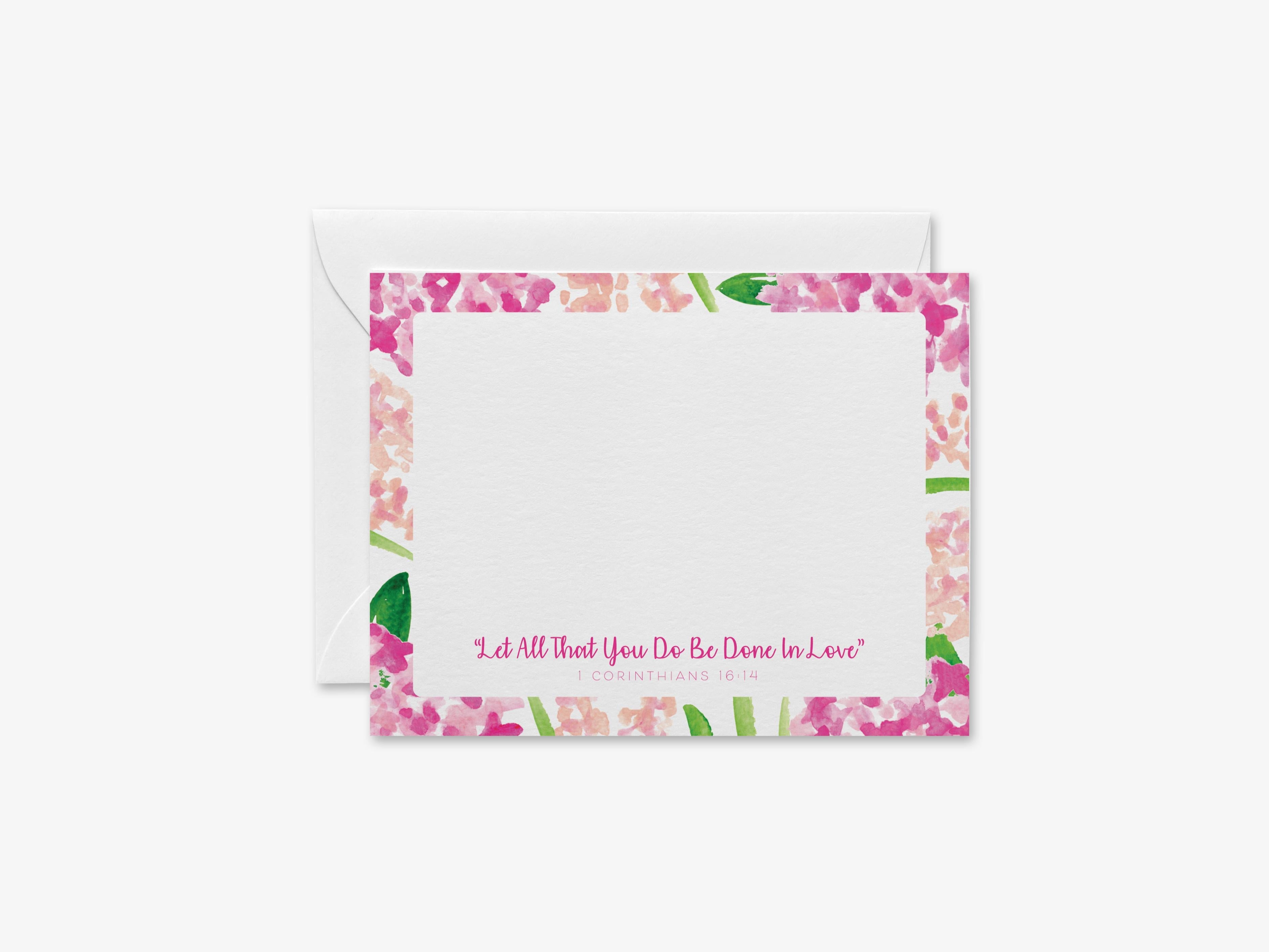 Love Bible Verse Flat Notes [Sets of 8]-These flat notecards are 4.25x5.5 and feature our hand-painted watercolor pink floral and Let All That You Do Be Done in Love Bible Verse, printed in the USA on 120lb textured stock. They come with white envelopes and make great thank yous and gifts for the religious lover in your life.-The Singing Little Bird