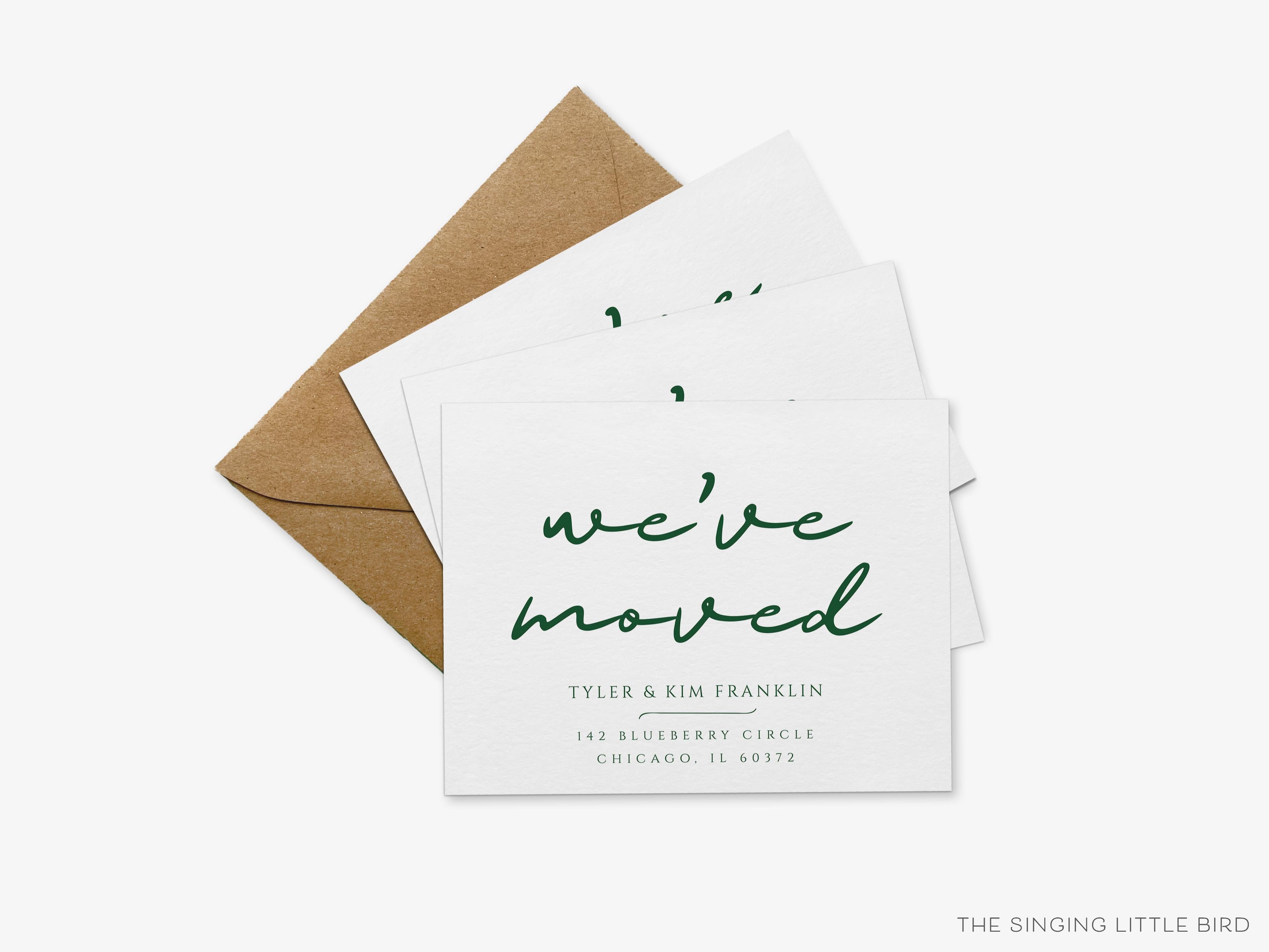 Modern Script Moving Announcement-These personalized flat change of address cards are 4.25x5.5 and feature our modern script, printed in the USA on 120lb textured stock. They come with your choice of envelopes and make great moving announcements for the modern lover.-The Singing Little Bird