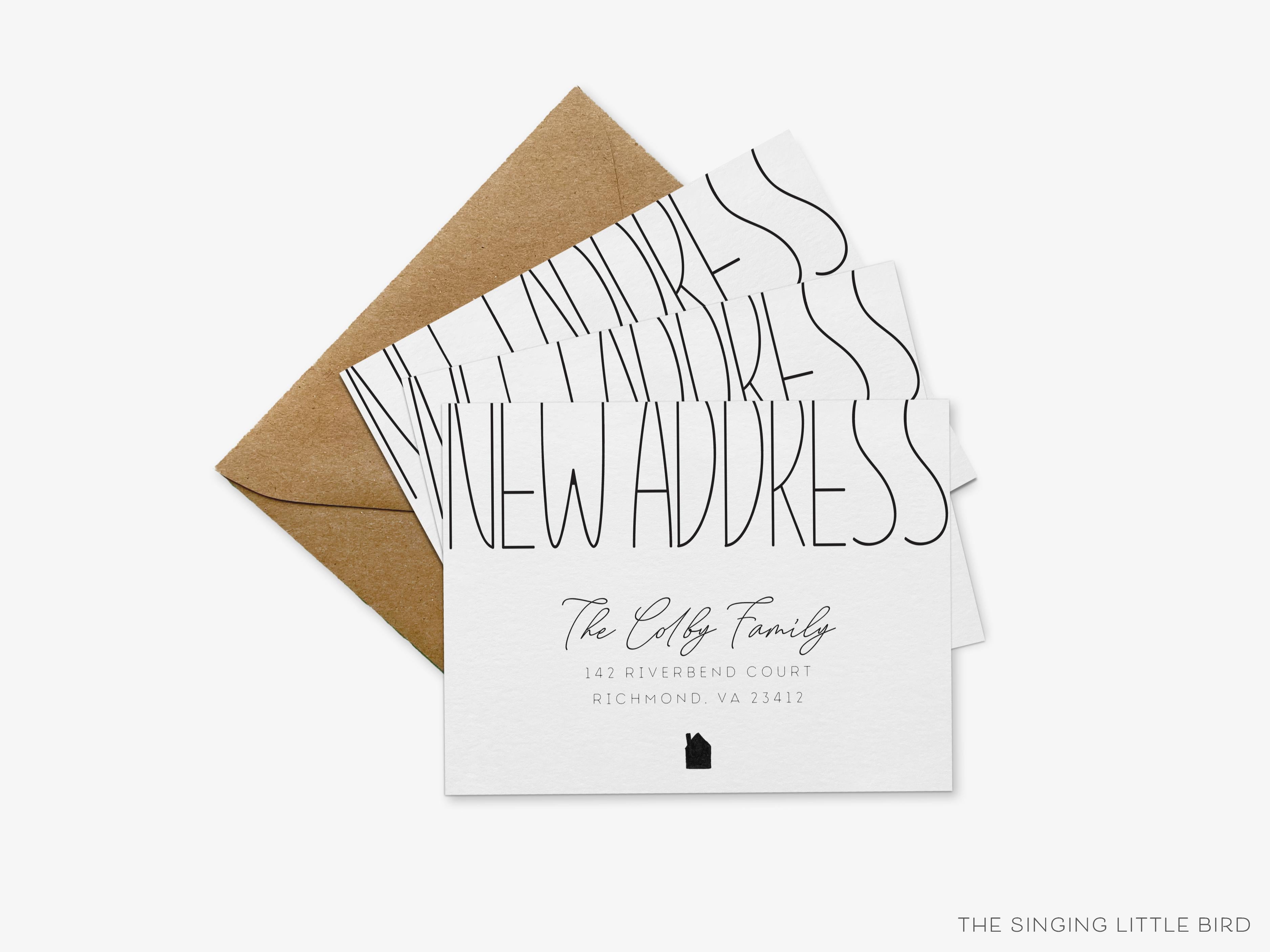Modern Top Text Cut Off Moving Announcement-These personalized flat change of address cards are 4.25x5.5 and feature our hand-painted watercolor house, printed in the USA on 120lb textured stock. They come with your choice of envelopes and make great moving announcements for the modern lover.-The Singing Little Bird