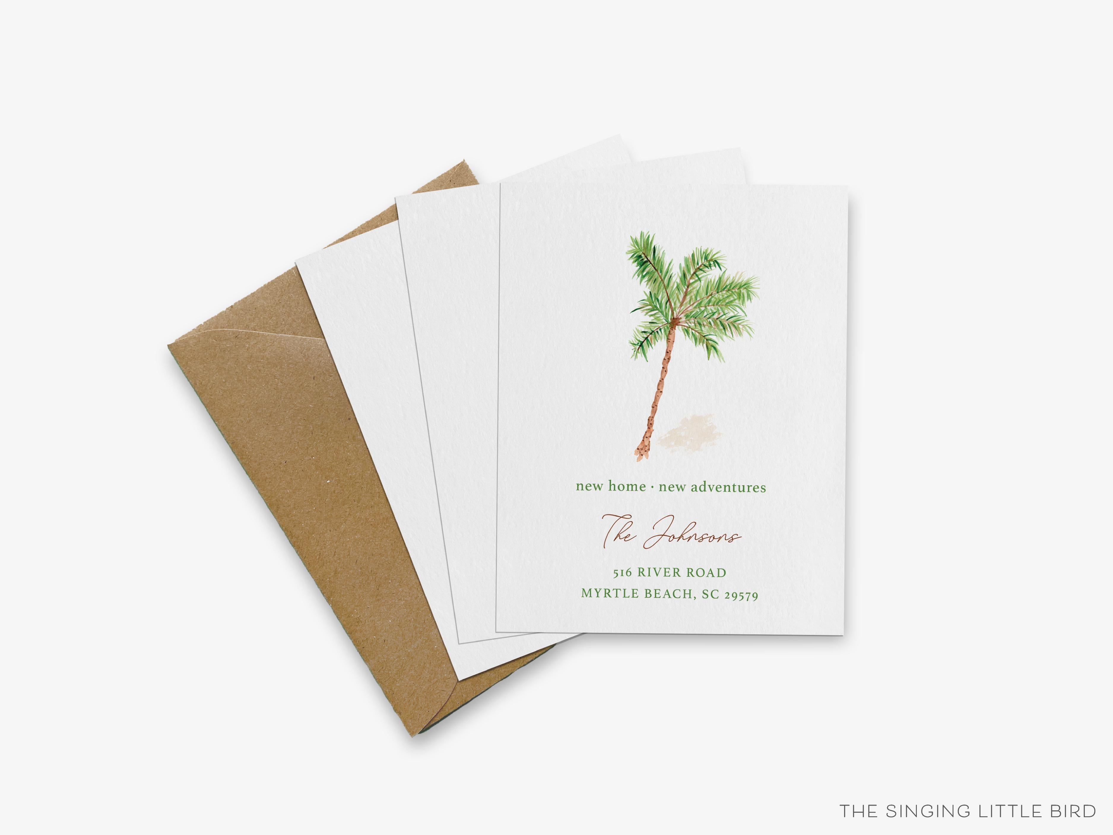 Palm Tree Moving Announcement-These personalized flat change of address cards are 4.25x5.5 and feature our hand-painted watercolor palm tree, printed in the USA on 120lb textured stock. They come with your choice of envelopes and make great moving announcements for the tropical lover.-The Singing Little Bird