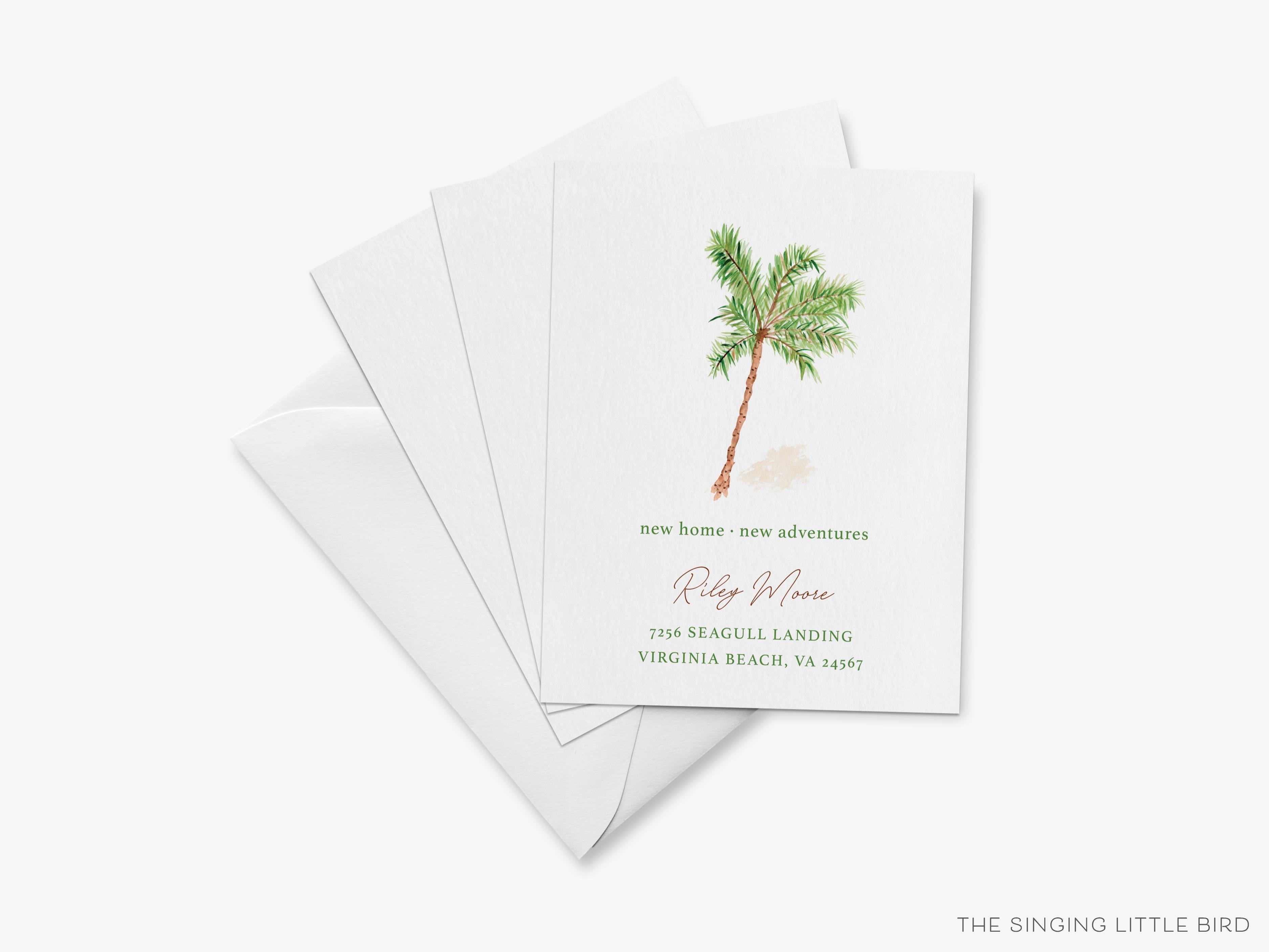 Palm Tree Moving Announcement-These personalized flat change of address cards are 4.25x5.5 and feature our hand-painted watercolor palm tree, printed in the USA on 120lb textured stock. They come with your choice of envelopes and make great moving announcements for the tropical lover.-The Singing Little Bird