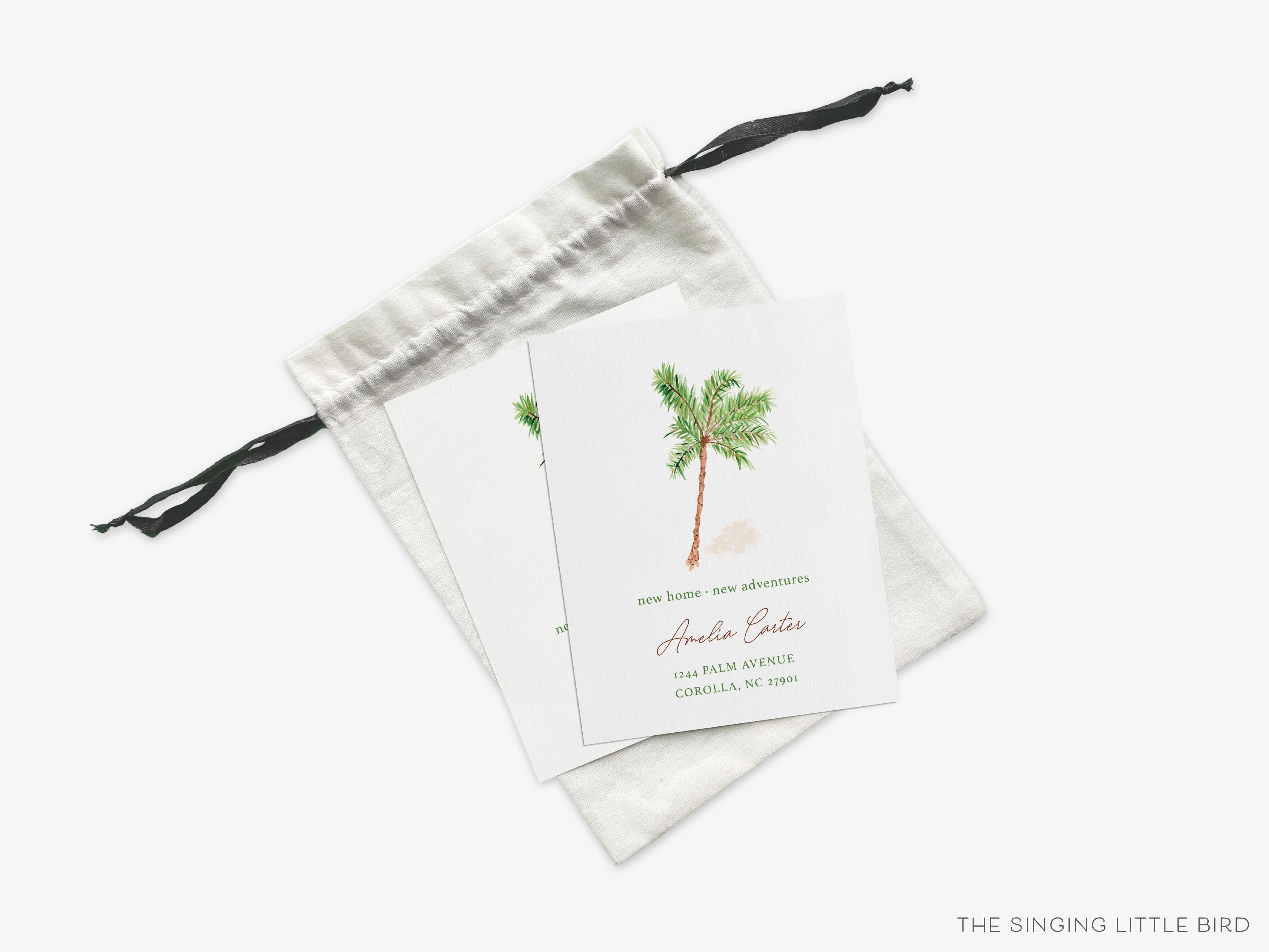 Palm Tree Moving Announcement-These personalized flat change of address cards are 4.25x5.5 and feature our hand-painted watercolor palm tree, printed in the USA on 120lb textured stock. They come with your choice of envelopes and make great moving announcements for the tropical lover.-The Singing Little Bird