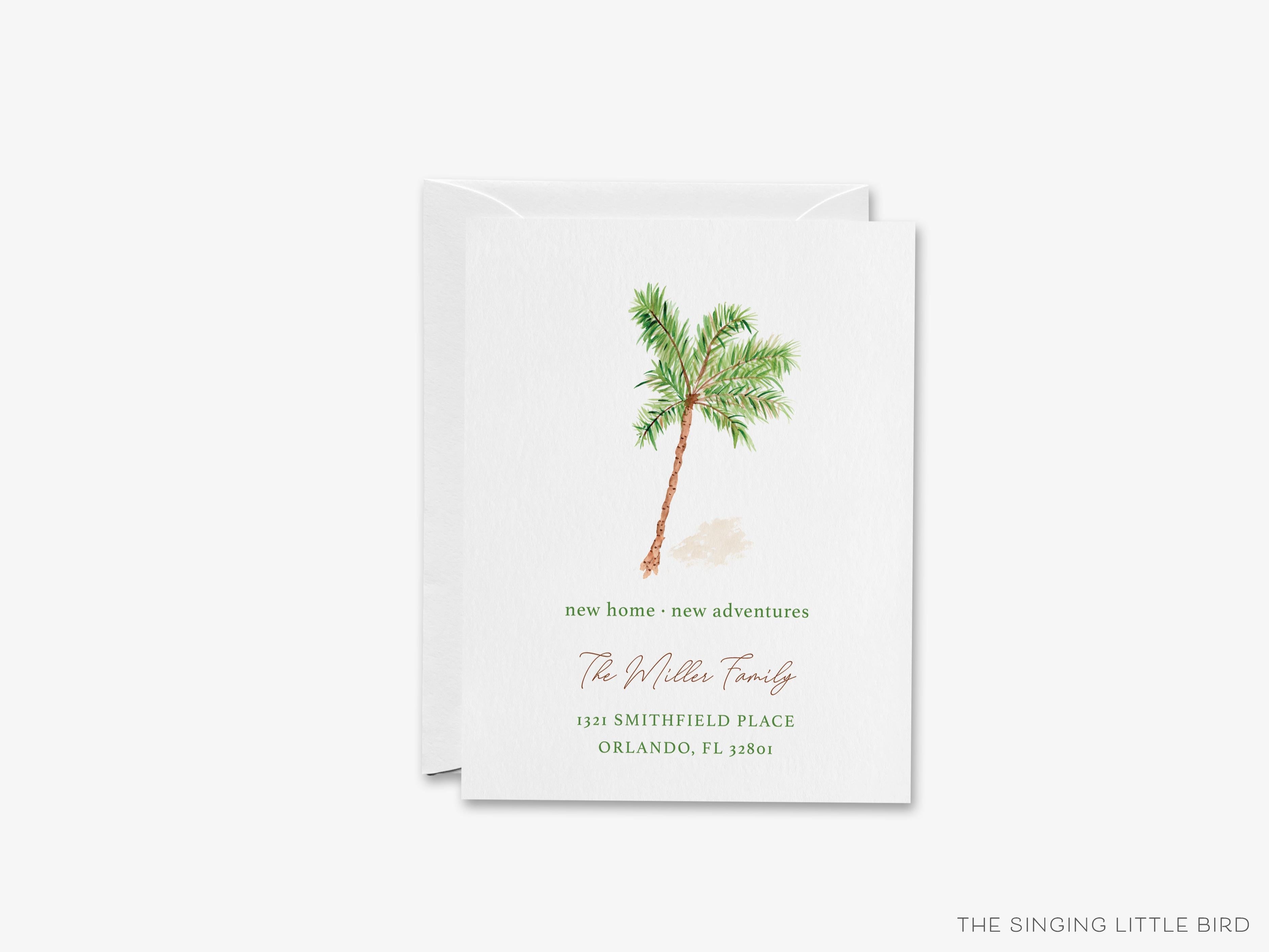Palm Tree Moving Announcement-These personalized flat change of address cards are 4.25x5.5 and feature our hand-painted watercolor palm tree, printed in the USA on 120lb textured stock. They come with your choice of envelopes and make great moving announcements for the tropical lover.-The Singing Little Bird