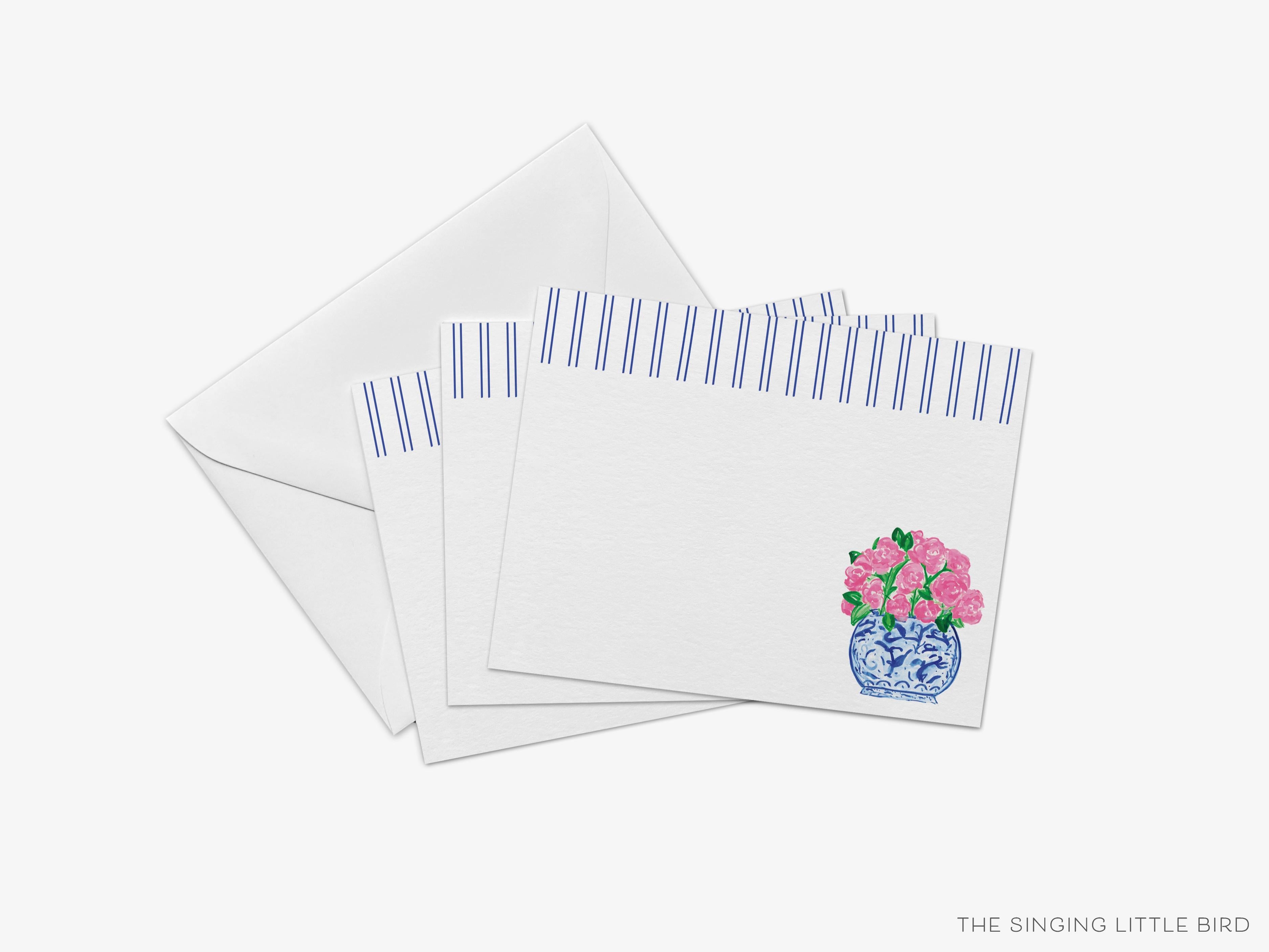 Peonies in Ginger Jar Flat Notes [Sets of 8]-These flat notecards are 4.25x5.5 and feature our hand-painted watercolor Peonies in a Ginger Jar, printed in the USA on 120lb textured stock. They come with white envelopes and make great thank yous and gifts for the floral lover in your life.-The Singing Little Bird