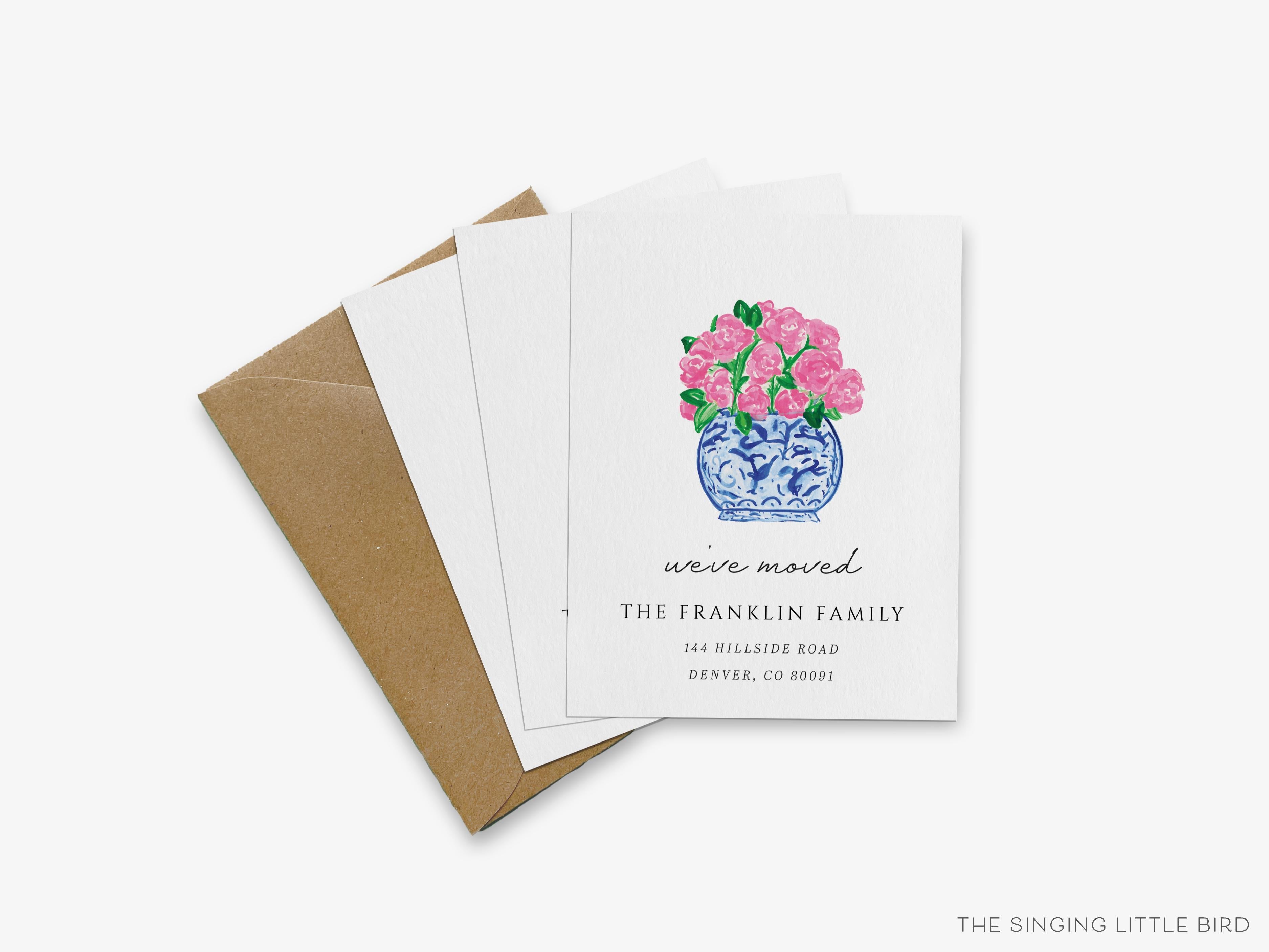 Peonies in Ginger Jar Moving Announcement-These personalized flat change of address cards are 4.25x5.5 and feature our hand-painted watercolor Ginger Jar with Peonies, printed in the USA on 120lb textured stock. They come with your choice of envelopes and make great moving announcements for the pink floral lover.-The Singing Little Bird