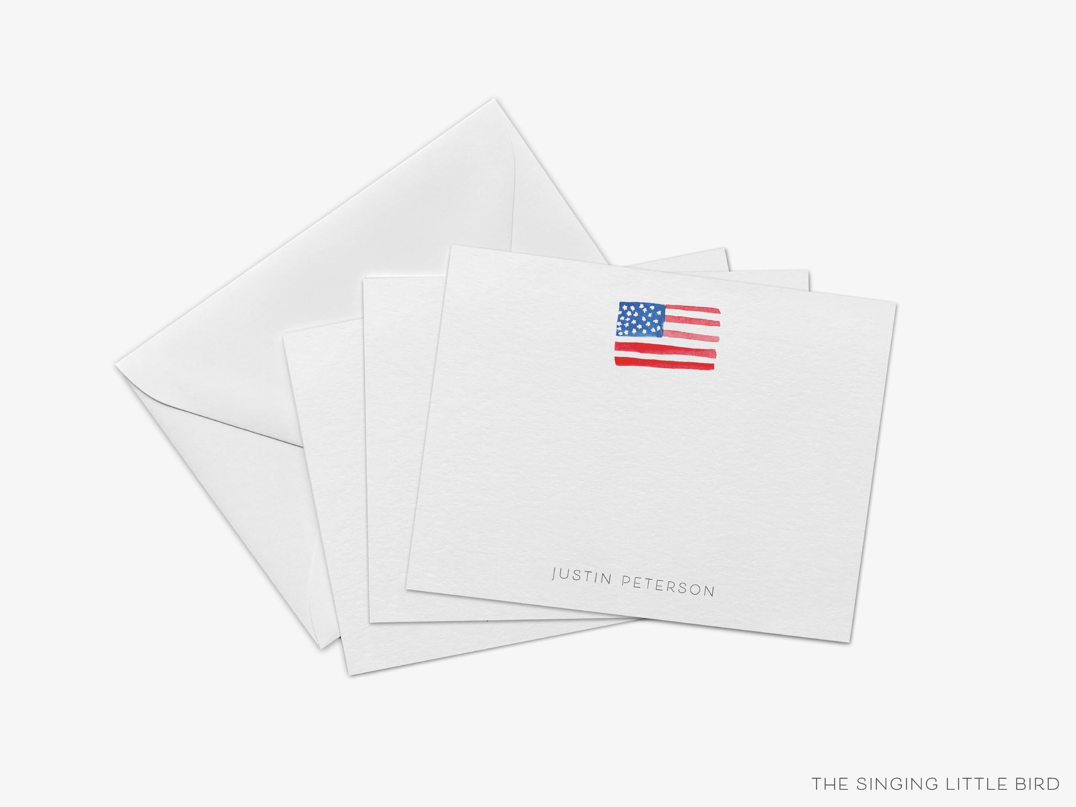 Personalized American Flag Flat Notes-These personalized flat notecards are 4.25x5.5 and feature our hand-painted watercolor American Flag, printed in the USA on 120lb textured stock. They come with your choice of envelopes and make great thank yous and gifts for the patriotic person in your life.-The Singing Little Bird