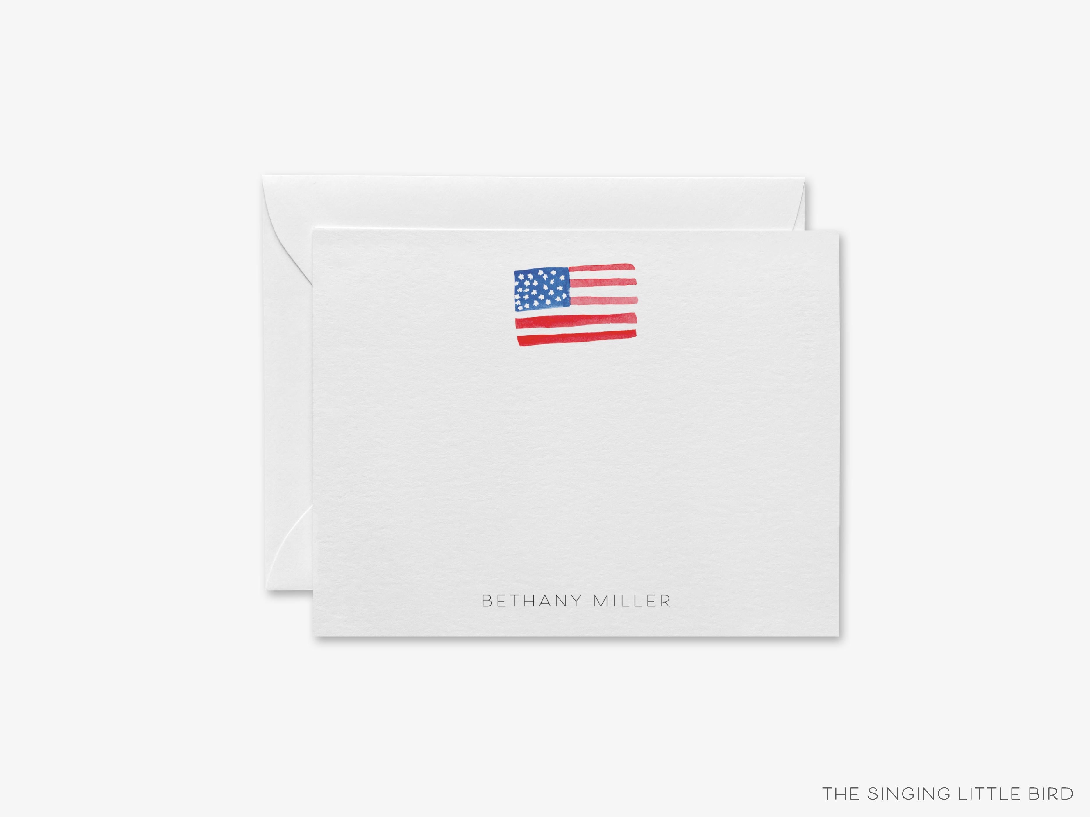 Personalized American Flag Flat Notes-These personalized flat notecards are 4.25x5.5 and feature our hand-painted watercolor American Flag, printed in the USA on 120lb textured stock. They come with your choice of envelopes and make great thank yous and gifts for the patriotic person in your life.-The Singing Little Bird