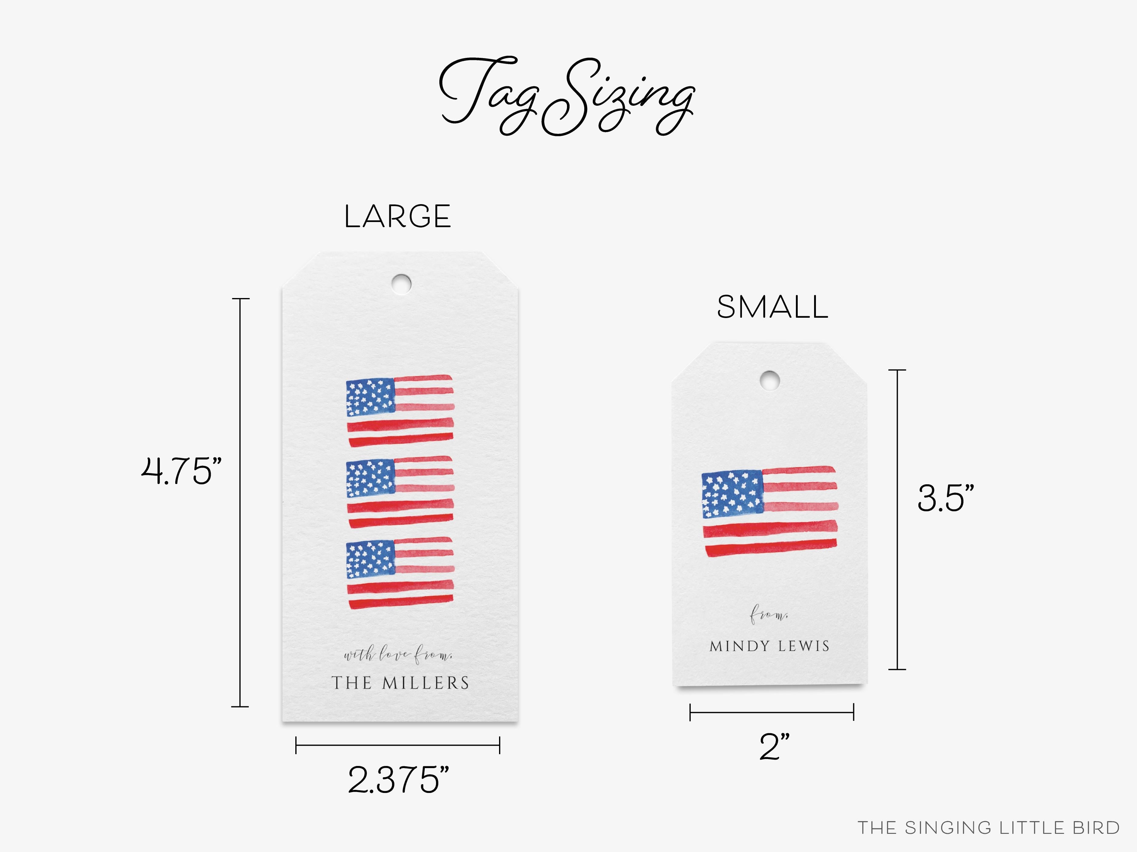 Personalized American Flag Gift Tags-These gift tags come in sets, hole-punched with white twine and feature our hand-painted watercolor American flag, printed in the USA on 120lb textured stock. They make great tags for gifting or gifts for the USA lover in your life.-The Singing Little Bird