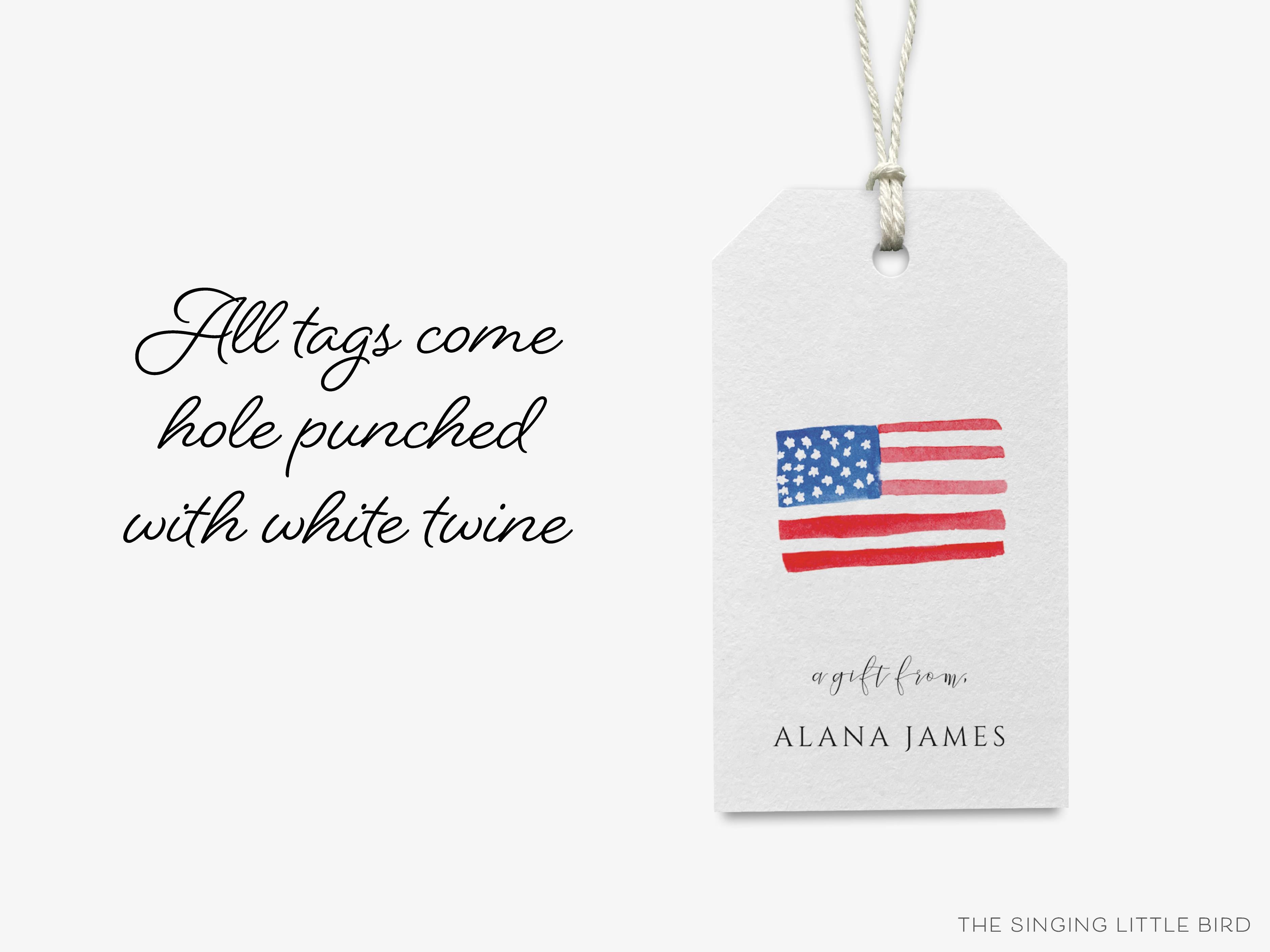 Personalized American Flag Gift Tags-These gift tags come in sets, hole-punched with white twine and feature our hand-painted watercolor American flag, printed in the USA on 120lb textured stock. They make great tags for gifting or gifts for the USA lover in your life.-The Singing Little Bird