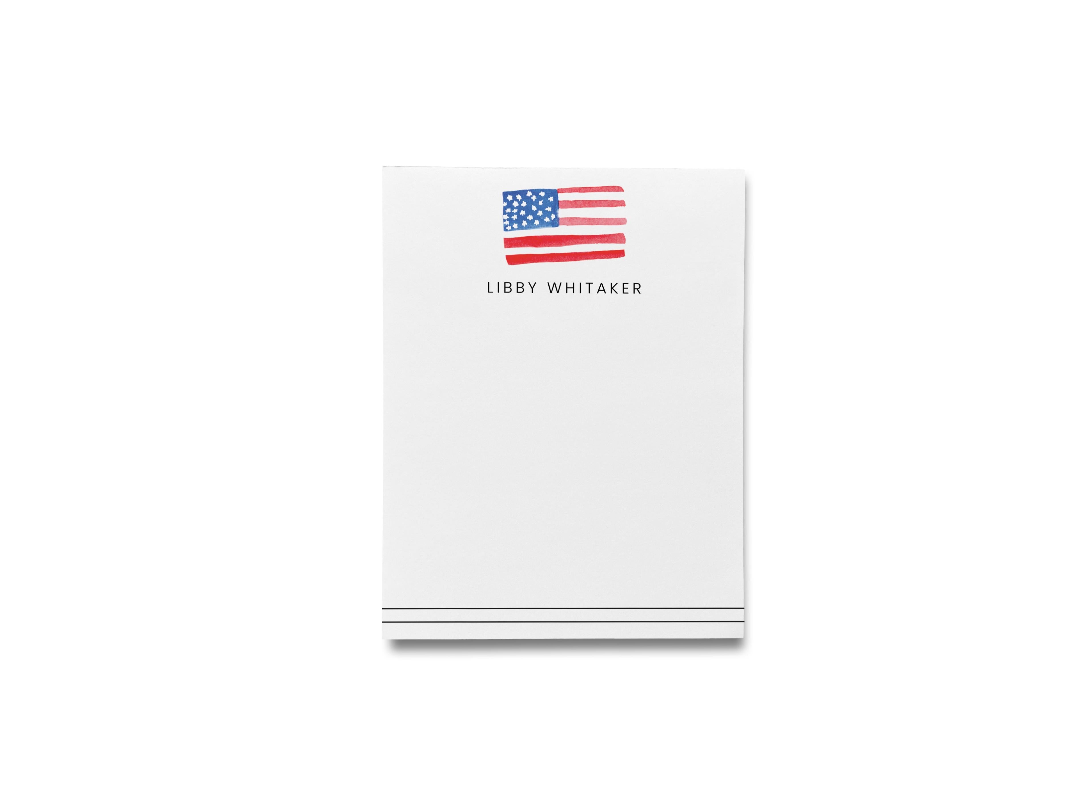 Personalized American Flag Notepad-These personalized notepads feature our hand-painted watercolor American flag, printed in the USA on a beautiful smooth stock. You choose which size you want (or bundled together for a beautiful gift set) and makes a great gift for the checklist and USA lover in your life.-The Singing Little Bird