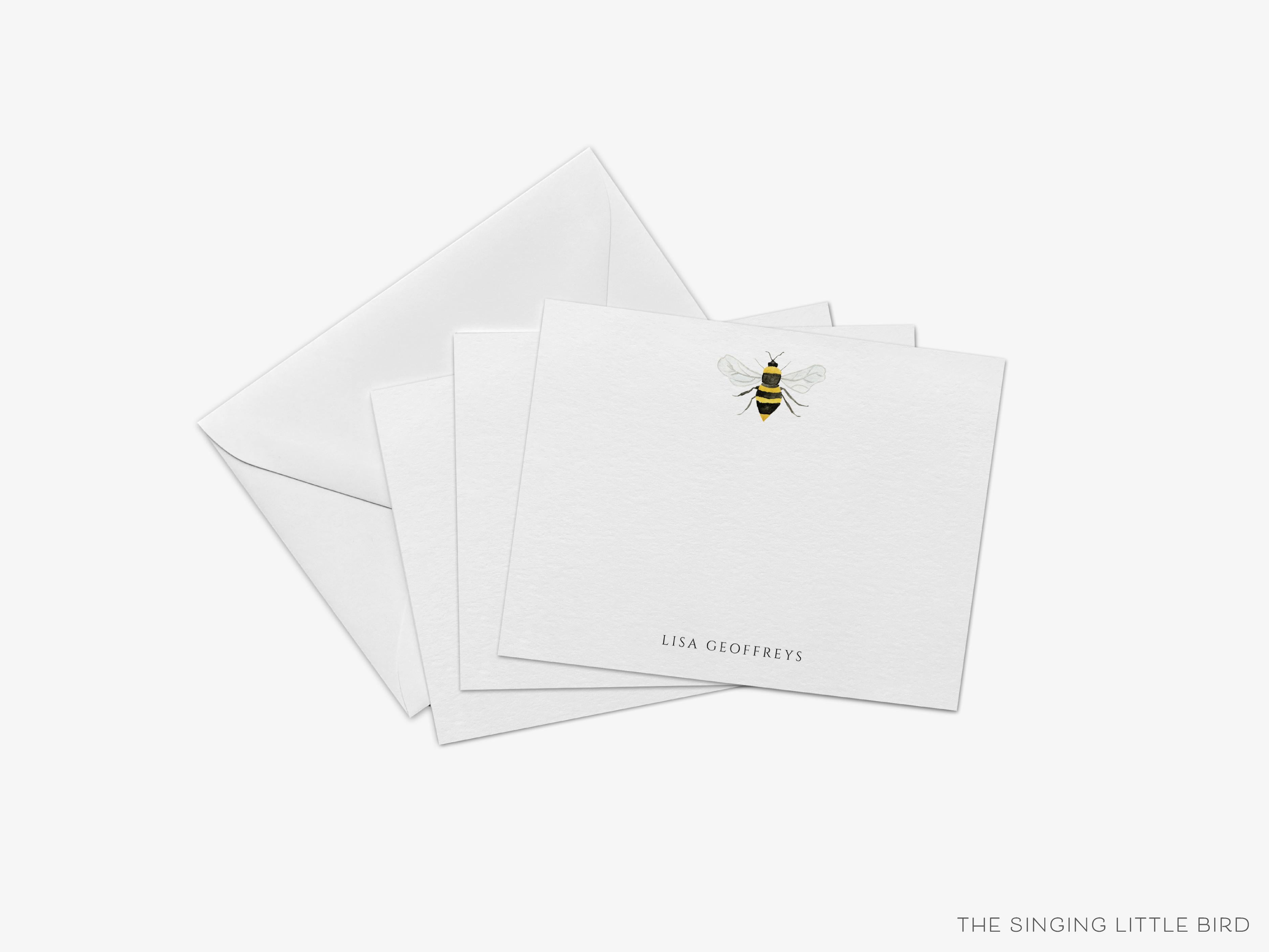 Personalized Bee Flat Notes-These personalized flat notecards are 4.25x5.5 and feature our hand-painted watercolor bee, printed in the USA on 120lb textured stock. They come with your choice of envelopes and make great thank yous and gifts for the bee lover in your life.-The Singing Little Bird