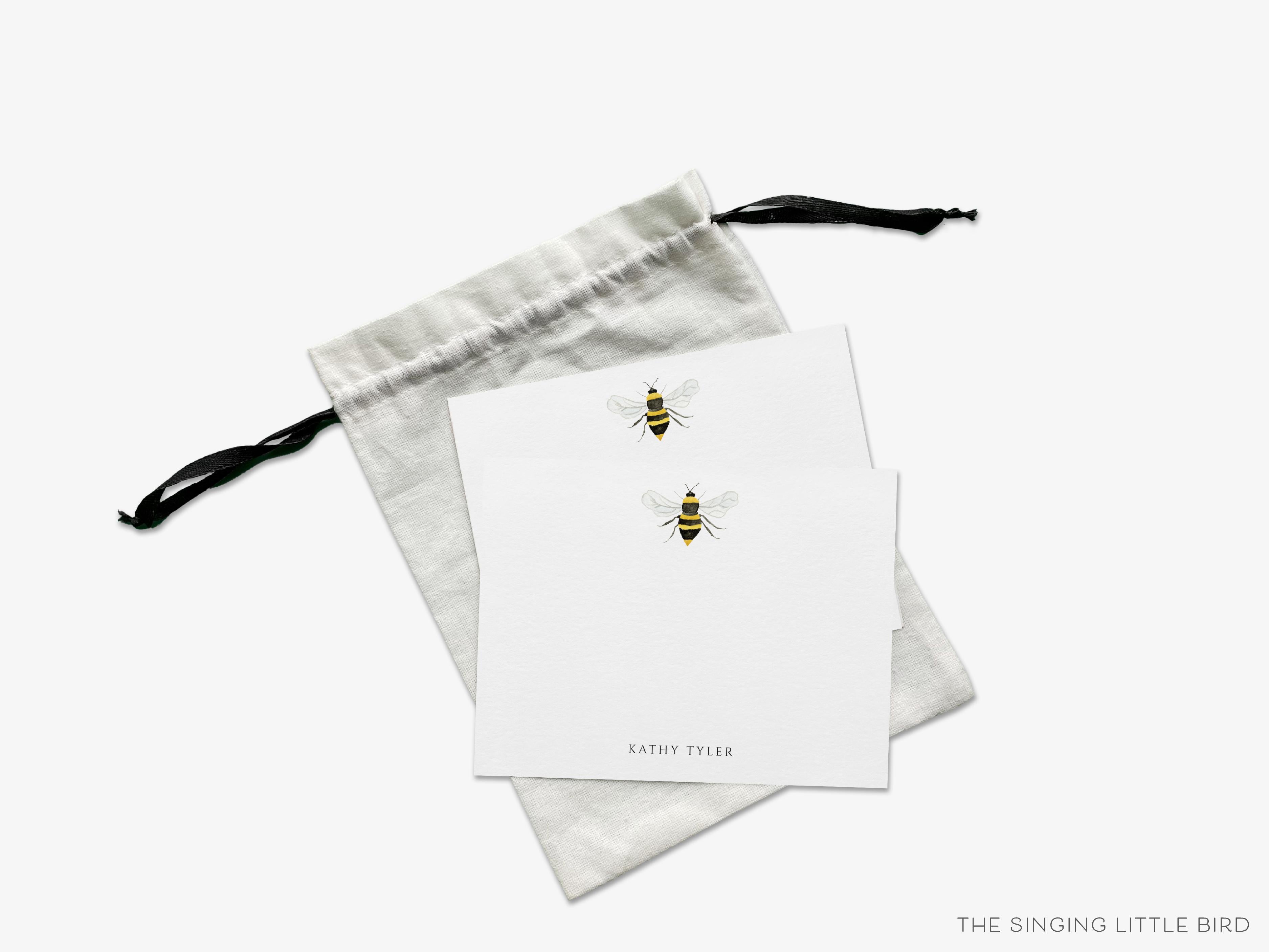 Personalized Bee Flat Notes-These personalized flat notecards are 4.25x5.5 and feature our hand-painted watercolor bee, printed in the USA on 120lb textured stock. They come with your choice of envelopes and make great thank yous and gifts for the bee lover in your life.-The Singing Little Bird