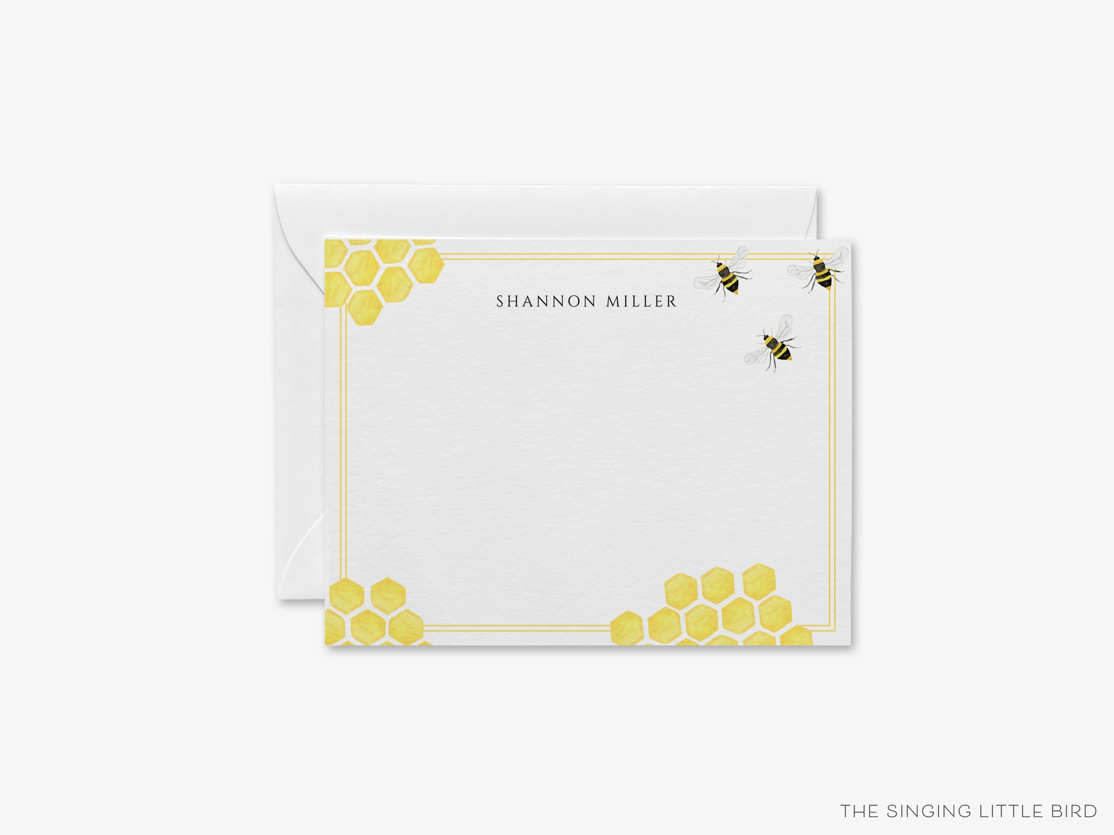 Personalized Bee Hive Flat Notes-These personalized flat notecards are 4.25x5.5 and feature our hand-painted watercolor Bee Hive, printed in the USA on 120lb textured stock. They come with your choice of envelopes and make great thank yous and gifts for the bee lover in your life.-The Singing Little Bird