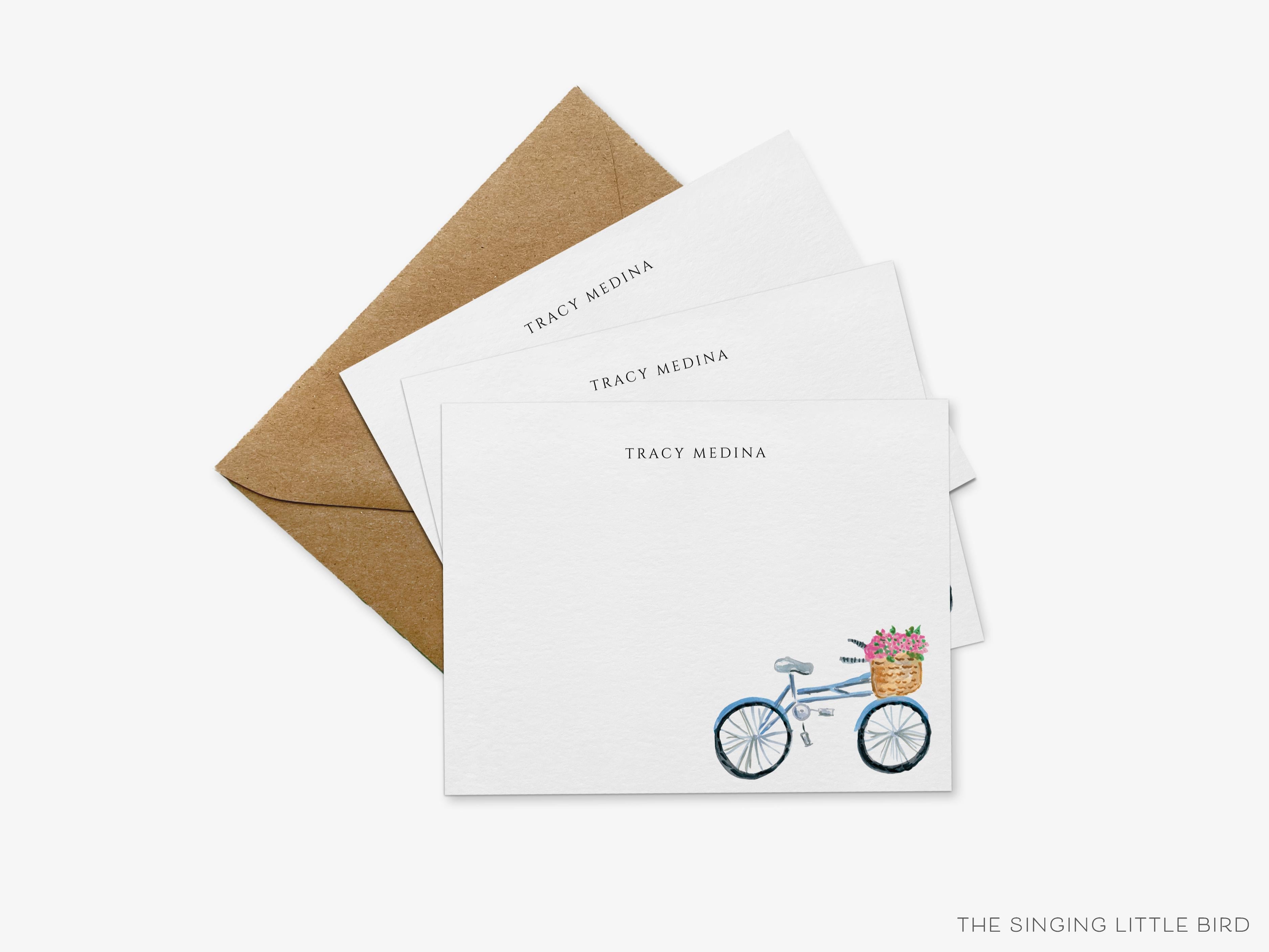 Personalized Bicycle Floral Flat Notes-These personalized flat notecards are 4.25x5.5 and feature our hand-painted watercolor Bicycle with a basket of flowers, printed in the USA on 120lb textured stock. They come with your choice of envelopes and make great thank yous and gifts for the bike lover in your life.-The Singing Little Bird