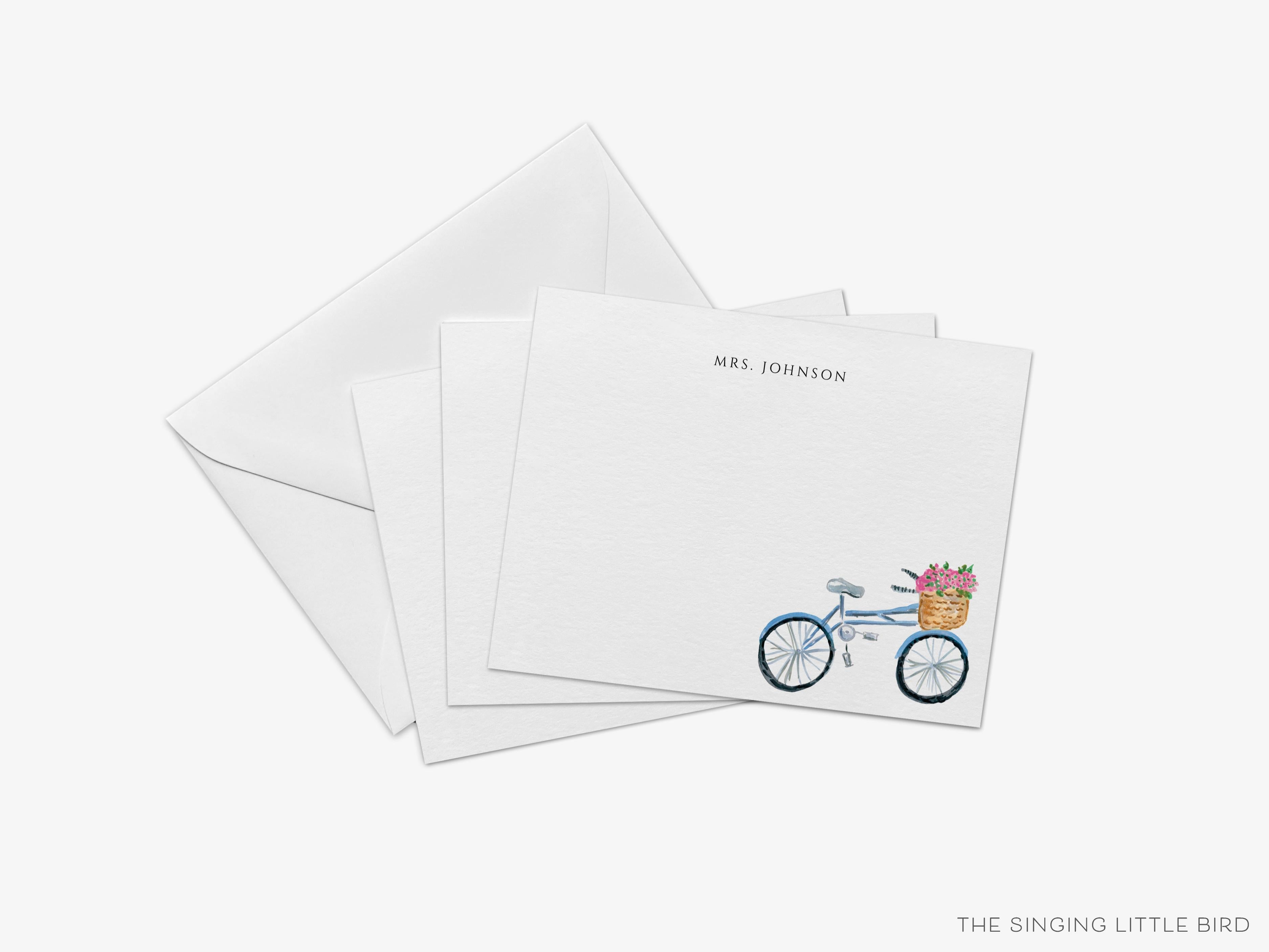 Personalized Bicycle Floral Flat Notes-These personalized flat notecards are 4.25x5.5 and feature our hand-painted watercolor Bicycle with a basket of flowers, printed in the USA on 120lb textured stock. They come with your choice of envelopes and make great thank yous and gifts for the bike lover in your life.-The Singing Little Bird