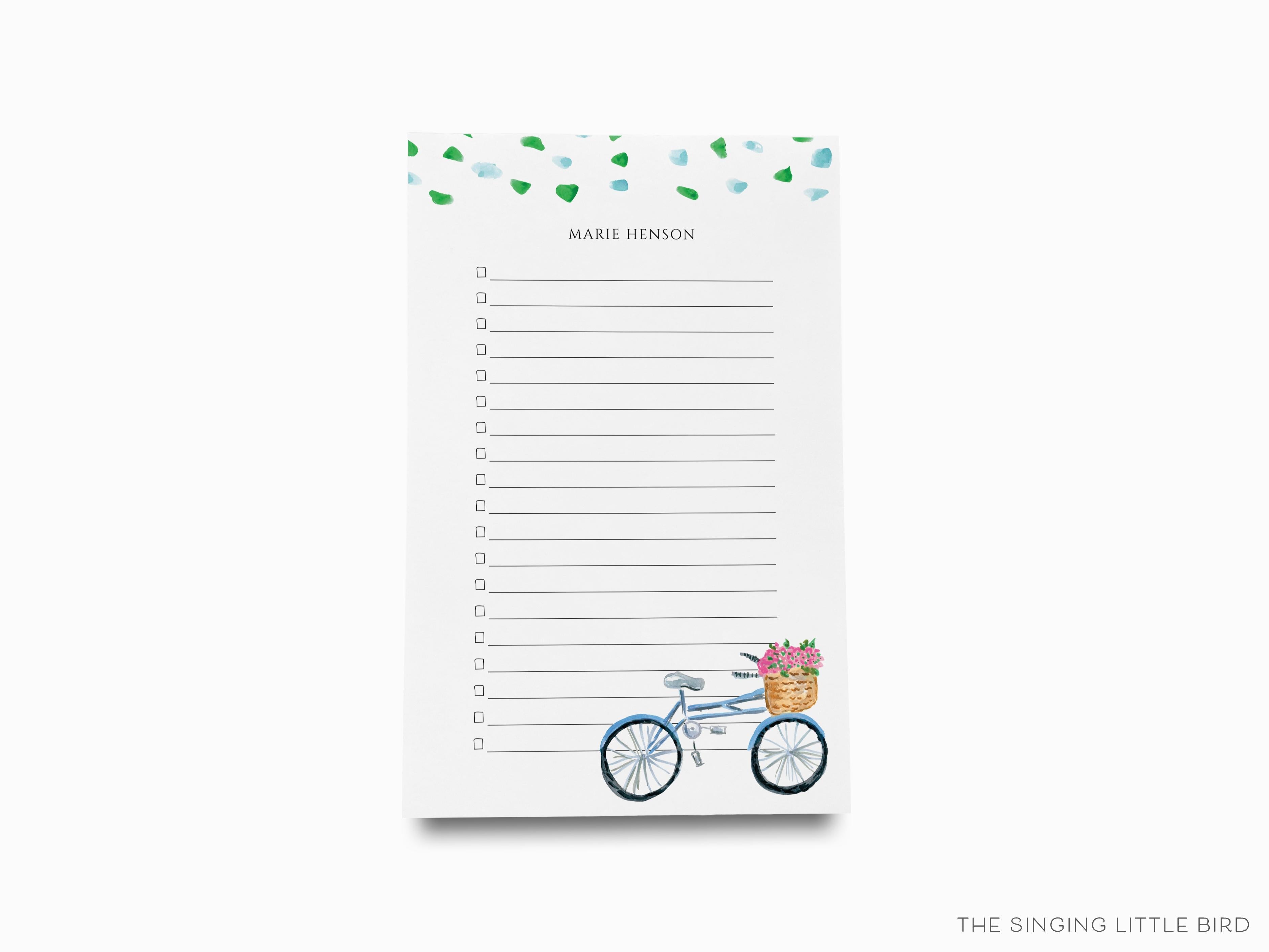 Personalized Bicycle with Basket Notepad-These personalized notepads feature our hand-painted watercolor bike with basket of flowers, printed in the USA on a beautiful smooth stock. You choose which size you want (or bundled together for a beautiful gift set) and makes a great gift for the checklist and bike lover in your life.-The Singing Little Bird