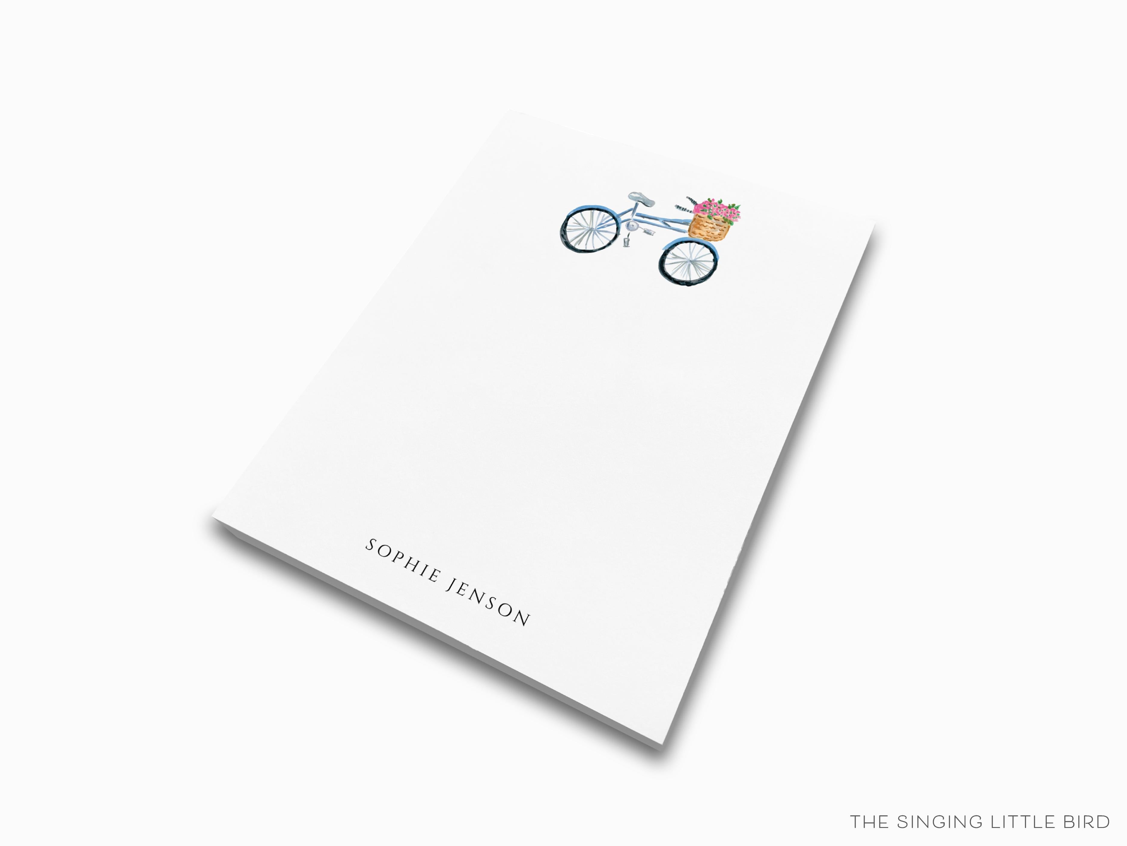 Personalized Bicycle with Basket Notepad-These personalized notepads feature our hand-painted watercolor bike with basket of flowers, printed in the USA on a beautiful smooth stock. You choose which size you want (or bundled together for a beautiful gift set) and makes a great gift for the checklist and bike lover in your life.-The Singing Little Bird