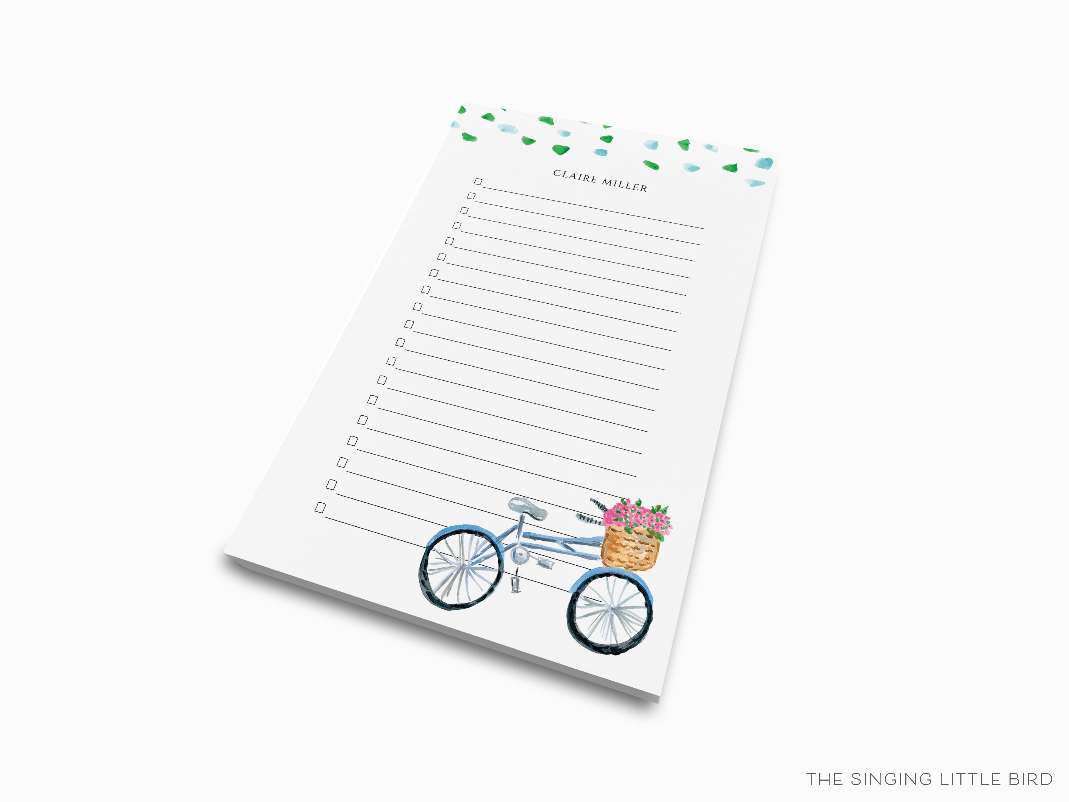 Personalized Bicycle with Basket Notepad-These personalized notepads feature our hand-painted watercolor bike with basket of flowers, printed in the USA on a beautiful smooth stock. You choose which size you want (or bundled together for a beautiful gift set) and makes a great gift for the checklist and bike lover in your life.-The Singing Little Bird