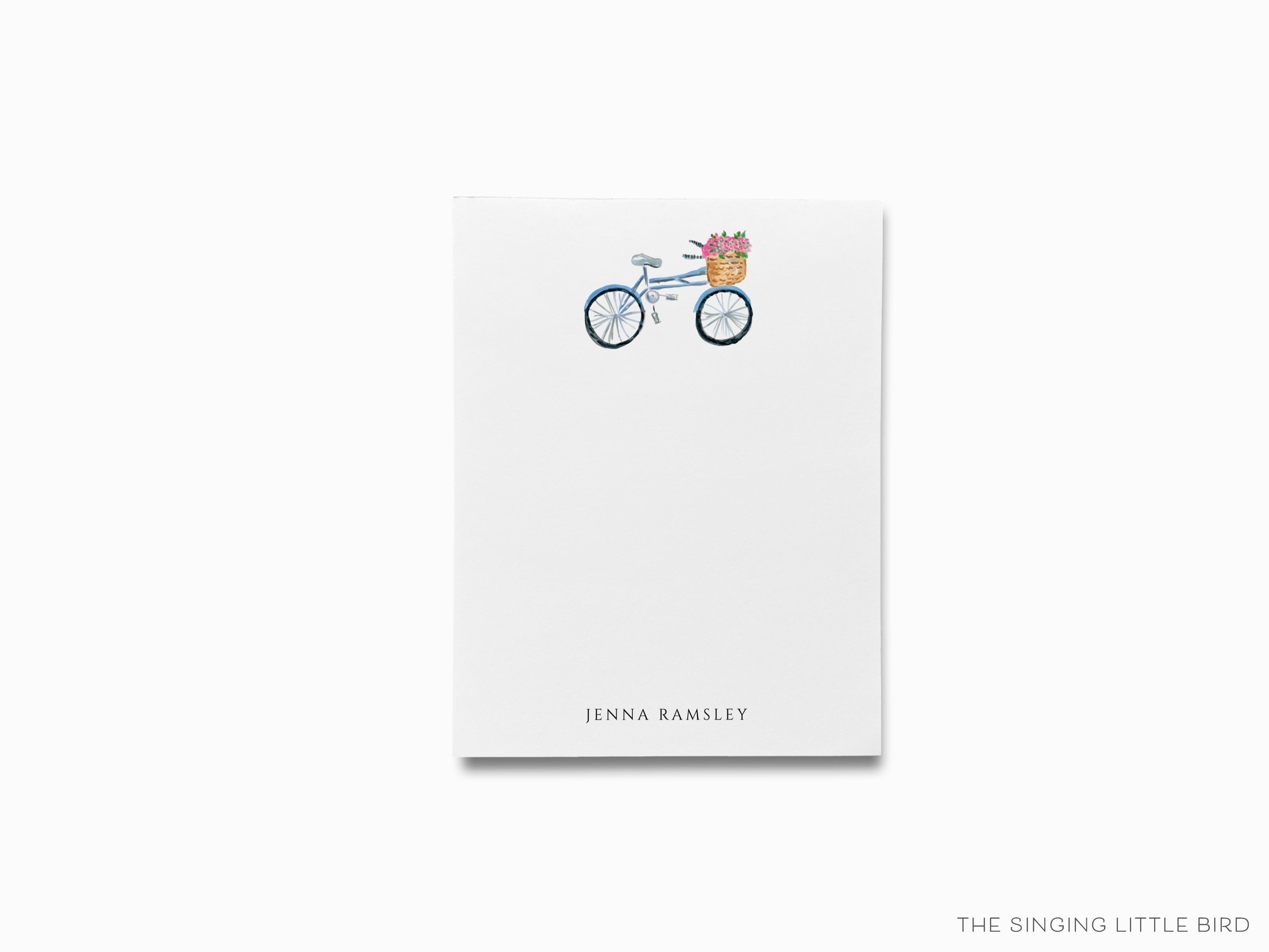 Personalized Bicycle with Basket Notepad-These personalized notepads feature our hand-painted watercolor bike with basket of flowers, printed in the USA on a beautiful smooth stock. You choose which size you want (or bundled together for a beautiful gift set) and makes a great gift for the checklist and bike lover in your life.-The Singing Little Bird